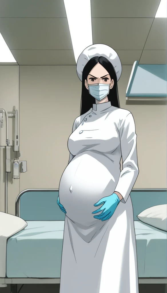 score_9,  score_8_up, score_7_up, source_anime, raw image, masterpiece, highest quality, kasuganoray, pale skin, angry eyes, long black hair, big breasts, scrubs, surgical mask, bouffant cap, long sleeve maternity dress, put on another long sleeved coat, seamless, navel head, the dress isn't wrinkled, long white stockings,
1girl, pregnant, solo, long rubber gloves, looking down, look at viewer, furrowed brow, hospital bed, light shines from the ceiling, standing, patient room background, she is inquiring about the patient's condition