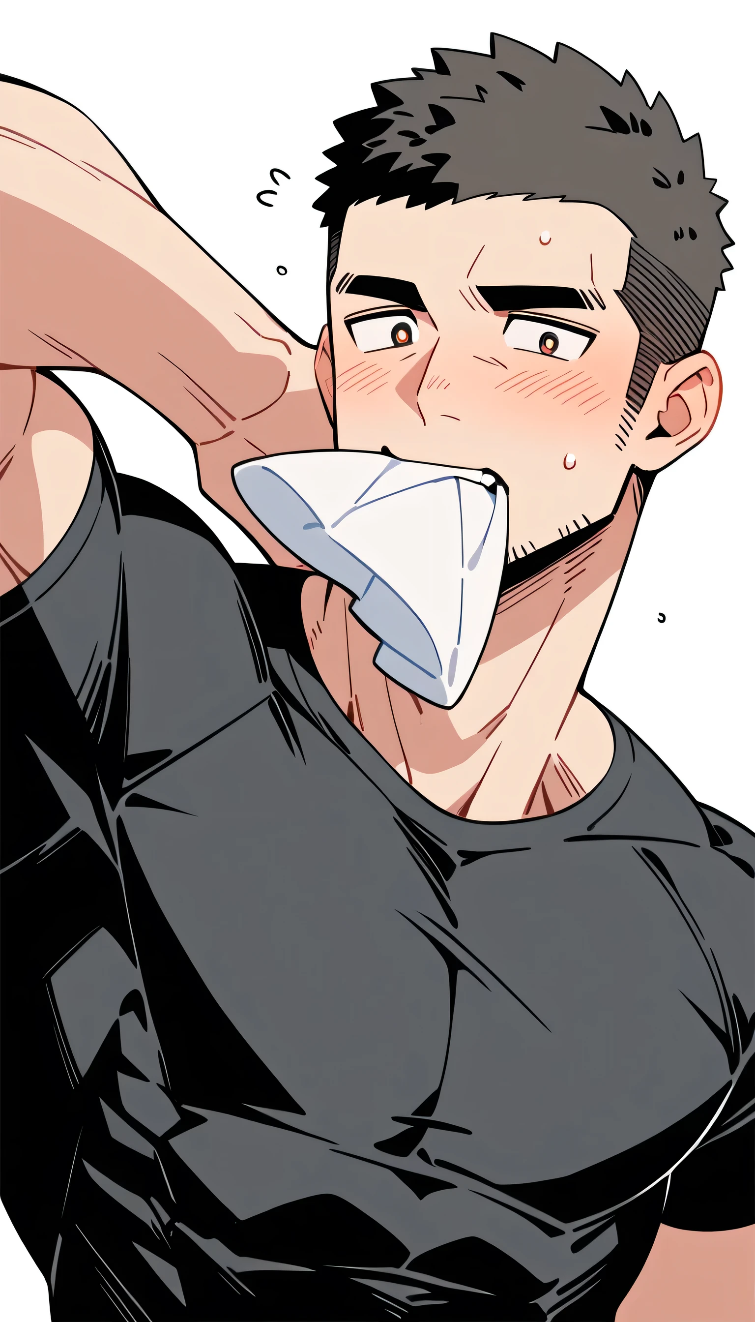 anime characters:Priapus, Muscle Sports Student, Buzz Cut, Manliness, male focus, Dark black tight T-shirt, Very tight, Sweat soaks clothes, full and perky chest muscles, muscular male, muscular, only, Upper body, Perfect muscular waist, alone, Black short hair, Thick eyebrows, stubble, Brown-red pupils, White background, simple background, amazing quality, best aesthetics, Ridiculous, crew cut, blush, mouth hold, Biting a white cotton towel in the mouth, embarrassed, shy, endured face, negative space, best quality