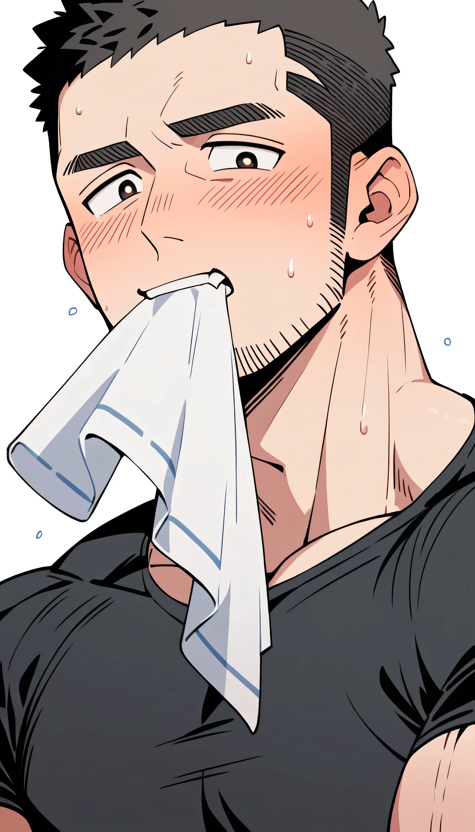 anime characters：Priapus, Muscle Sports Student, Buzz Cut, Manliness, male focus, Dark black tight T-shirt, Very tight, Sweat soaks clothes, full and perky chest muscles, muscular male, muscular, only, Upper body, Perfect muscular waist, alone, Black short hair, Thick eyebrows, stubble, Brown-red pupils, White background, simple background, amazing quality, best aesthetics, Ridiculous, crew cut, blush, mouth hold, Biting a white cotton towel in the mouth, embarrassed, shy, endured face, negative space, best quality