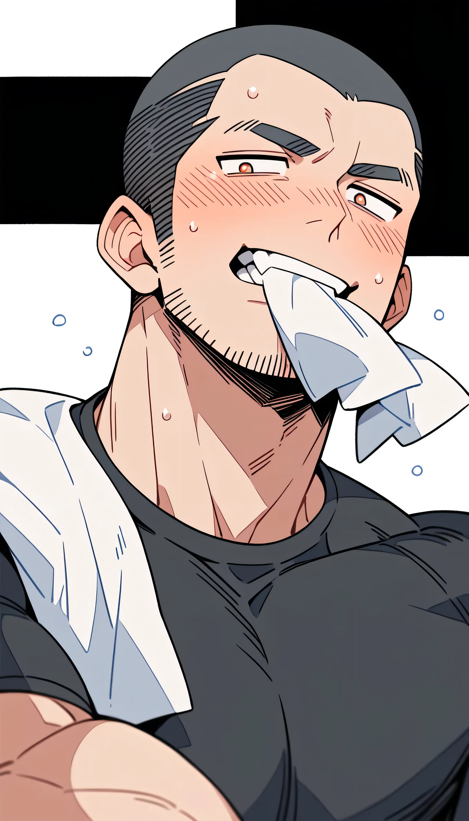 anime characters:Priapus, Muscle Sports Student, Buzz Cut, Manliness, male focus, Dark black tight T-shirt, Very tight, Sweat soaks clothes, full and perky chest muscles, muscular male, muscular, only, Upper body, Perfect muscular waist, alone, Black short hair, Thick eyebrows, stubble, Brown-red pupils, White background, simple background, amazing quality, best aesthetics, Ridiculous, crew cut, blush, mouth hold, Biting a white cotton towel in the mouth, embarrassed, shy, endured face, negative space, best quality