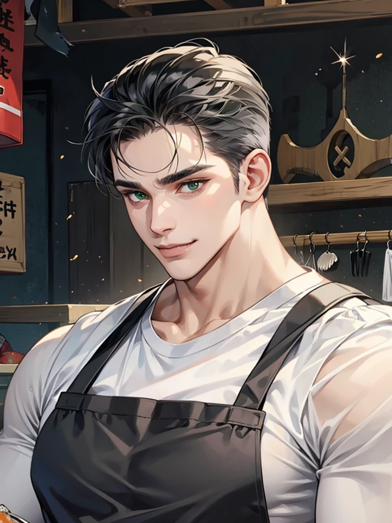 men wear dark gray shining apron over white T-shirt, muscular and handsome,naughty,fang,green eyes,facial hair,fish market,smile