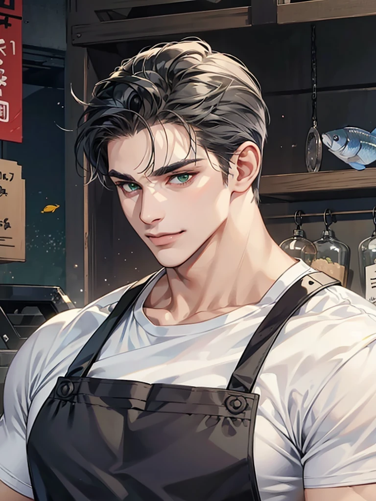 men wear dark gray shining apron over white T-shirt, muscular and handsome,naughty,fang,green eyes,facial hair,fish market,smile