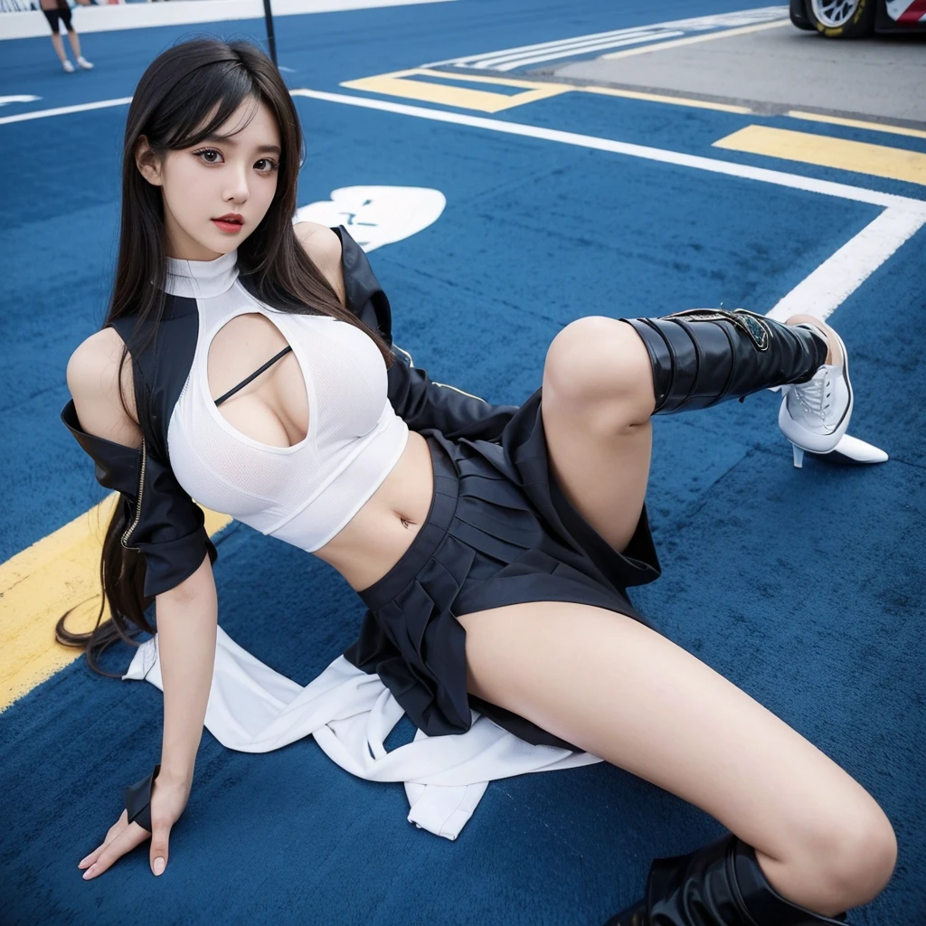 Super detailed photos、Detailed face、Lip gloss、Cool woman、Colorful costumes、F1 Driver Cosplay、Colorful costumes、Clothing with company logo、Grid Girlsのカラフルで派手な衣装、Grid Girls、Perfect Face、Paddock Girls、Harem、motor Show、tights、Bodycon Costumes、Grid Girls、Russia、Grid Girlsのコスプレ、belly button、Pleated skirt、Bodycon Costumes、Legs open pose、Spread your legs to show your crotch