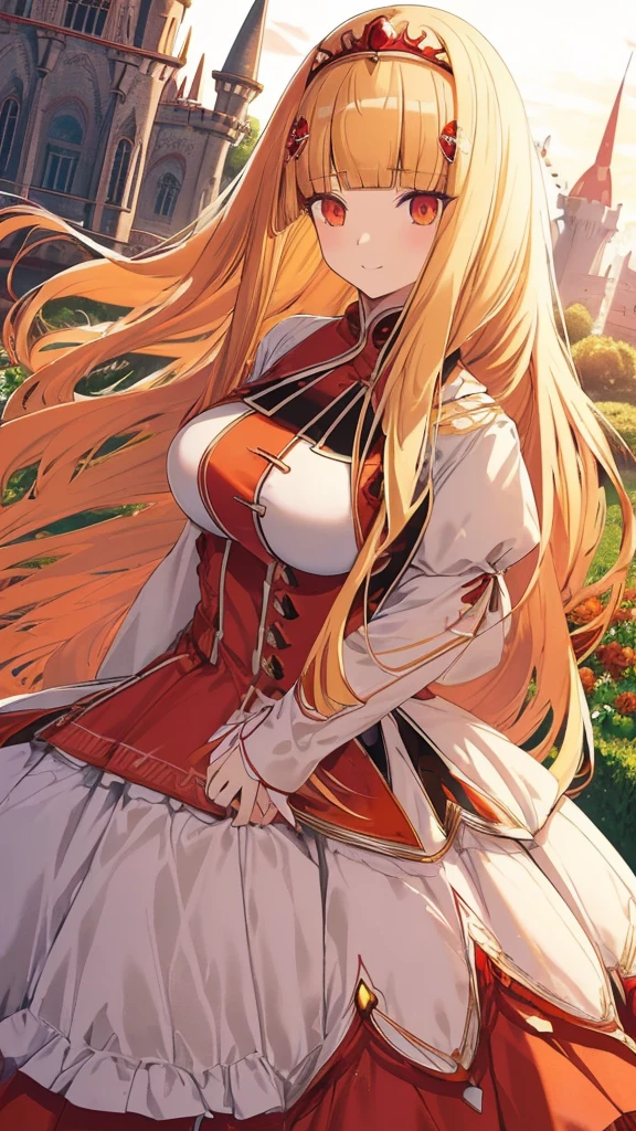 best quality, extremely detailed,anime style girl,((wavy)) long hair,((((blunt bangs)))),(hair between eyes),((bright blond hair)),beautiful detailed eyes,Orange eyes,Sharp eyes with many eyelashes,huge breasts,(((scarlet princess dress))),trousers,Complicated pattern,hair ornament,((garden in castle)),smile,dynamic angle