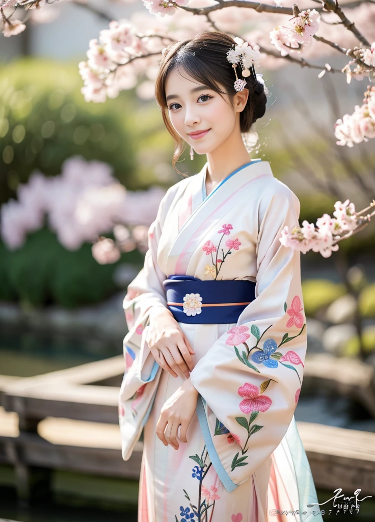 24year old beautiful girl、Beauty、Japanese、cute、beautiful girl、slim、Highest quality、Realistic、16K、panoramic、((Best Quality, 8k, Masterpiece: 1.3)), 1 girl, full body, slim face, beautiful woman, (A girl in a colorful kimono), (Traditional Japanese Clothing),(Elegantly detailed fabric design), (Flowing Pattern),(Geisha style makeup), (Intricate embroidery),(Cherry blossoms in the background),(Serene atmosphere),(Vibrant colors),(Soft natural light),(Highest quality, High resolution), (Traditional Japanese art style),(Pastel Color Palette),(subtle gradients), (Fine brushwork),(Beautifully constructed),(delicate accessories),(Subtle folds and pleats),(Graceful posture),(Cute Smile),(Subtle eye makeup),(Elegant hairstyle),(Authentic cultural expression)