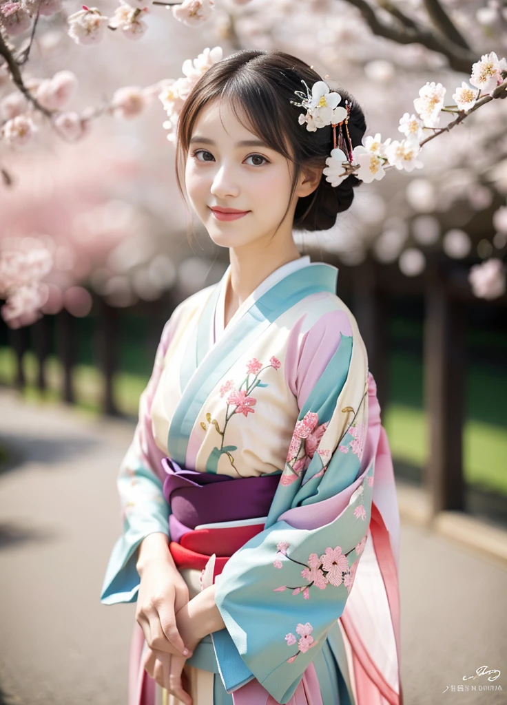 24year old beautiful girl、Beauty、Japanese、cute、beautiful girl、slim、Highest quality、Realistic、16K、panoramic、((Best Quality, 8k, Masterpiece: 1.3)), 1 girl, full body, slim face, beautiful woman, (A girl in a colorful kimono), (Traditional Japanese Clothing),(Elegantly detailed fabric design), (Flowing Pattern),(Geisha style makeup), (Intricate embroidery),(Cherry blossoms in the background),(Serene atmosphere),(Vibrant colors),(Soft natural light),(Highest quality, High resolution), (Traditional Japanese art style),(Pastel Color Palette),(subtle gradients), (Fine brushwork),(Beautifully constructed),(delicate accessories),(Subtle folds and pleats),(Graceful posture),(Cute Smile),(Subtle eye makeup),(Elegant hairstyle),(Authentic cultural expression)