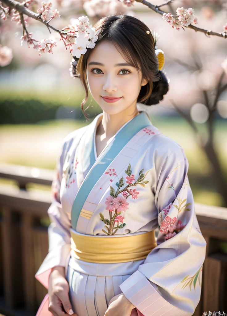 24year old beautiful girl、Beauty、Japanese、cute、beautiful girl、slim、Highest quality、Realistic、16K、panoramic、((Best Quality, 8k, Masterpiece: 1.3)), 1 girl, full body, slim face, beautiful woman, (A girl in a colorful kimono), (Traditional Japanese Clothing),(Elegantly detailed fabric design), (Flowing Pattern),(Geisha style makeup), (Intricate embroidery),(Cherry blossoms in the background),(Serene atmosphere),(Vibrant colors),(Soft natural light),(Highest quality, High resolution), (Traditional Japanese art style),(Pastel Color Palette),(subtle gradients), (Fine brushwork),(Beautifully constructed),(delicate accessories),(Subtle folds and pleats),(Graceful posture),(Cute Smile),(Subtle eye makeup),(Elegant hairstyle),(Authentic cultural expression)