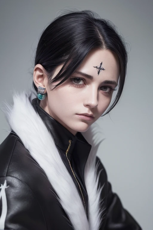 RAW Photos, ((((A portrait of extreme beauty))), Upper Body, HUNTER×HUNTER Chrollo=Lucilfer ), 1 male, View your viewers, Fur trim, Black long coat, Open Court, Long sleeve, Black trousers, Slicked back hairstyle,
