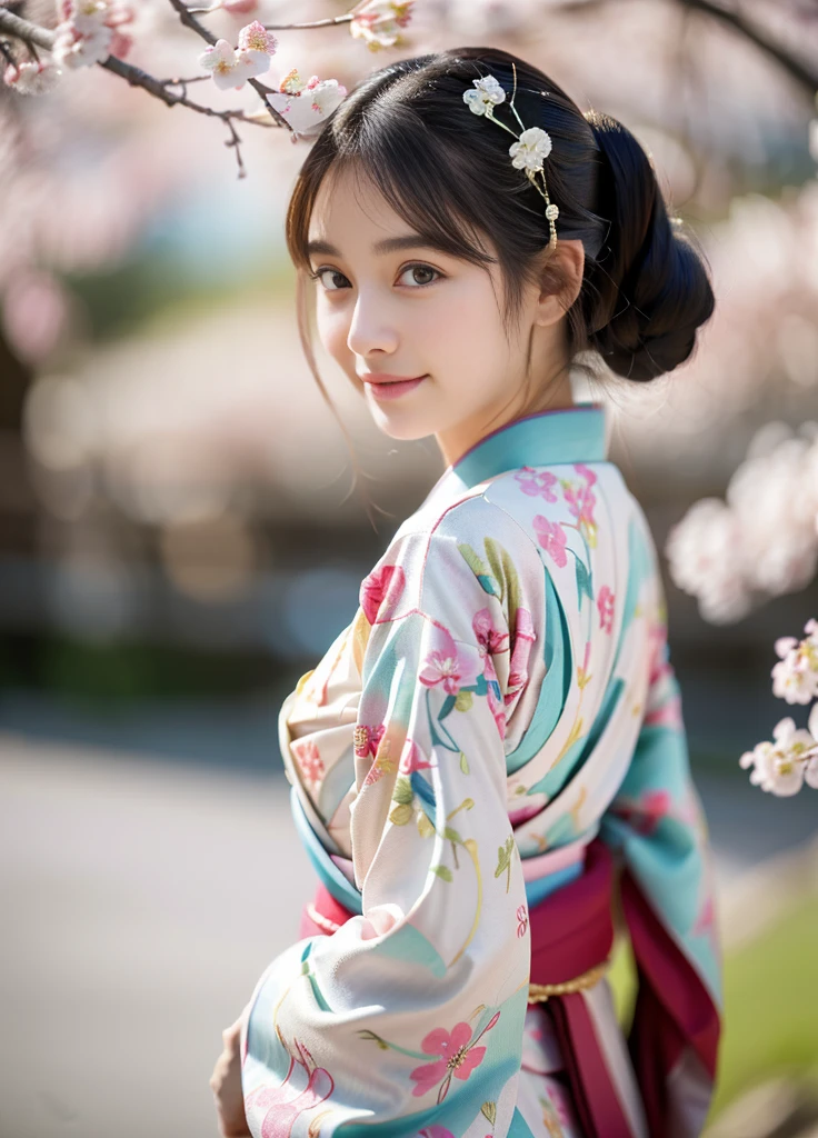24year old beautiful girl、Beauty、Japanese、cute、beautiful girl、slim、Highest quality、Realistic、16K、panoramic、((Best Quality, 8k, Masterpiece: 1.3)), 1 girl, full body, slim face, beautiful woman, (A girl in a colorful kimono), (Traditional Japanese Clothing),(Elegantly detailed fabric design), (Flowing Pattern),(Geisha style makeup), (Intricate embroidery),(Cherry blossoms in the background),(Serene atmosphere),(Vibrant colors),(Soft natural light),(Highest quality, High resolution), (Traditional Japanese art style),(pastel color palette),(subtle gradients), (Fine brushwork),(Beautifully constructed),(delicate accessories),(Subtle folds and pleats),(Graceful posture),(Cute Smile),(Subtle eye makeup),(Elegant hairstyle),(Authentic cultural expression)、Back view