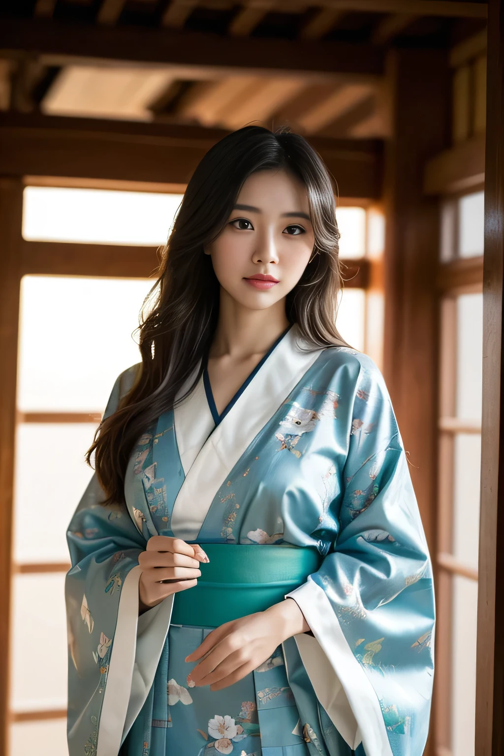 ((night、Realistic Light、Highest quality、8k、masterpiece:1.3))Canon EOS 5 D Mark IV shots, 8K Photo、Wearing a white, wet, translucent kimono、Realistic Japan woman in a temple, Beautiful Japanese Women, Japanese Goddess, Beautiful Japanese woman's face、Tie up your hair、Inserting kanzashi、Mature Woman、Sexy Japanese Women、Looking straight at the camera、Look into the eyes、Facing forward、Look forward、Beautiful clavicle、Beautiful Eyes, Translucent dress、Translucent Robe、No shoulder straps、Full Body View、Sleeveless、Beautiful beautiful legs、Beautiful inner thighs、 Gorgeous Korean Women, A realistic and sensual gravure idol, Beautiful young Korean woman,Light Blue Garter