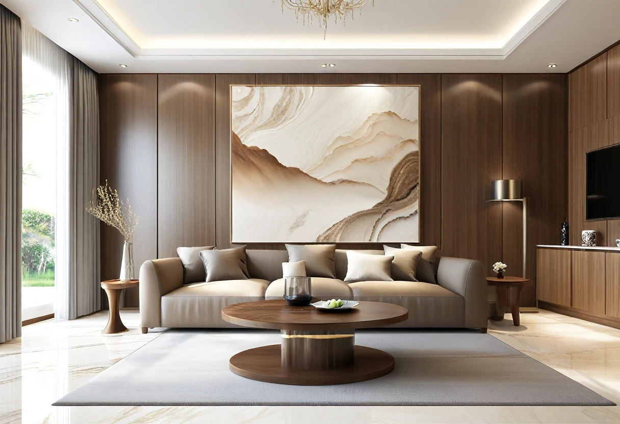 Brown sofa,coffee table,matte marble floor,grey carpet,vase,wooden wall cabinet,mural,single sofa,dining table,tableware,decorations,sunlight,floor-to-ceiling Windows,Light luxury and simple style,strong sense of reality,rich detail,masterpiece,ultra clear quality,qingshe, UHD, Ultra HD, 8K, super realistic
