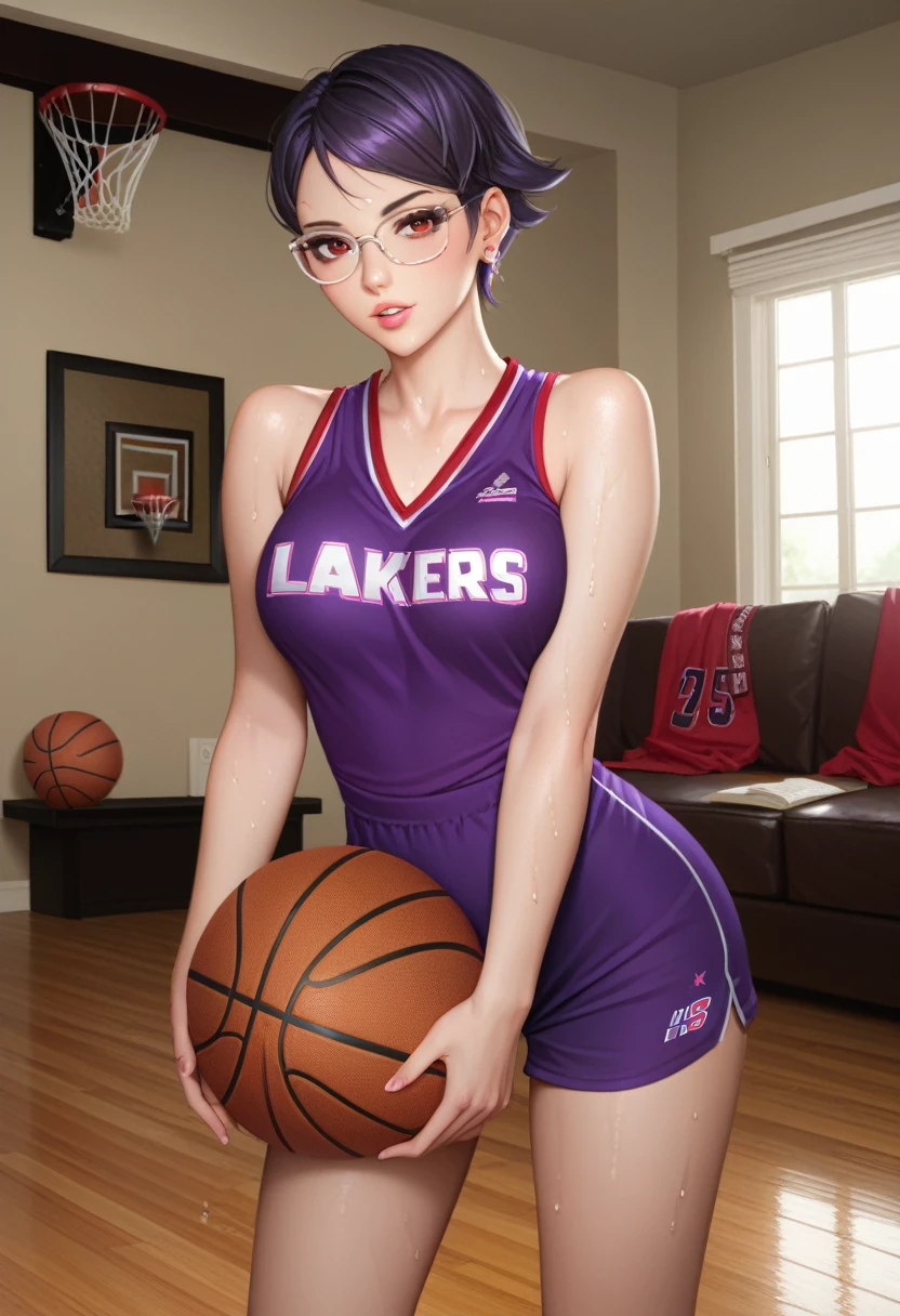 score_9_up, score_8_up, score_7_up, 1girl, solo, mature female, Sarada, looking at viewer, black short hair, red eyes, pink lips, parted lips, glasses, (((purple Lakers basketball uniform))), fit slim model body, perfect small erected breast,((modern living room)), wet body, seductive pose, 