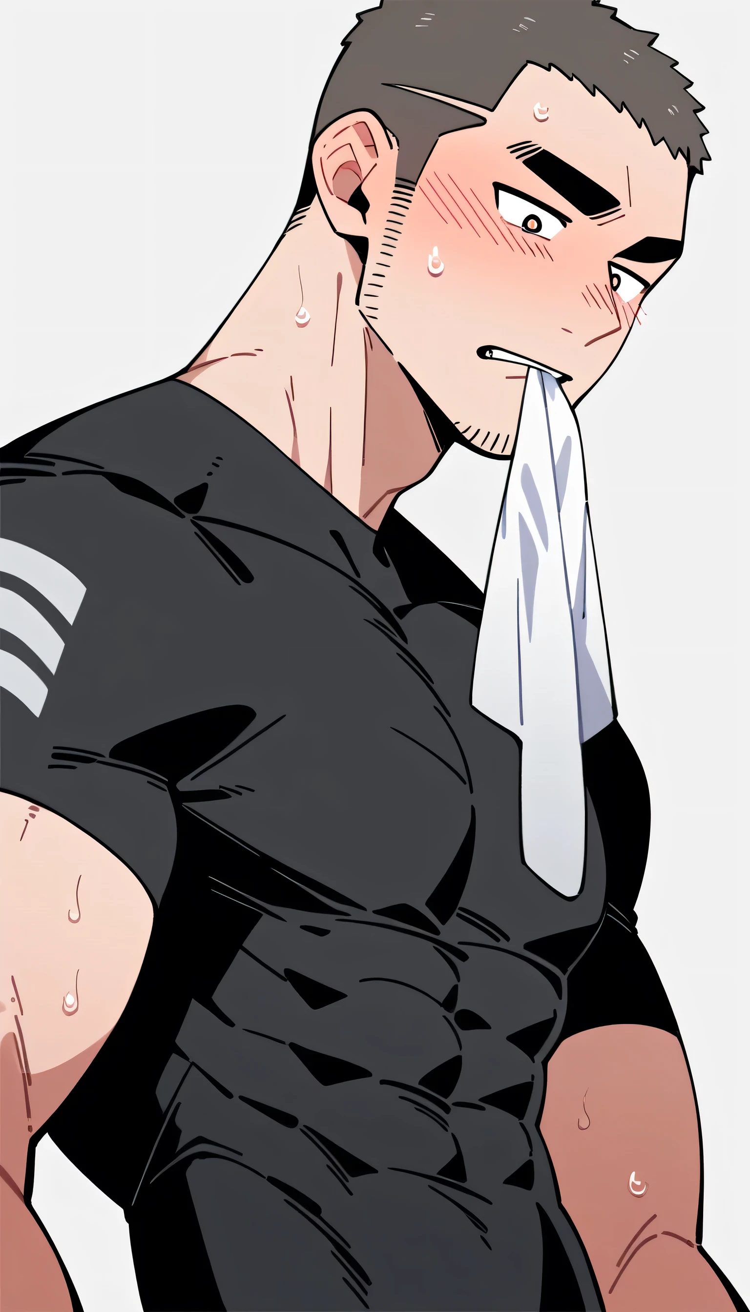 anime characters:Priapus, Muscle Sports Student, Buzz Cut, Manliness, male focus, Dark black tight T-shirt, Very tight, Sweat soaks clothes, full and perky chest muscles, muscular male, muscular, only, Upper body, Perfect muscular waist, alone, Black short hair, Thick eyebrows, stubble, Brown-red pupils, White background, simple background, amazing quality, best aesthetics, Ridiculous, crew cut, blush, mouth hold, Biting a white cotton towel in the mouth, embarrassed, shy, endured face, negative space, best quality