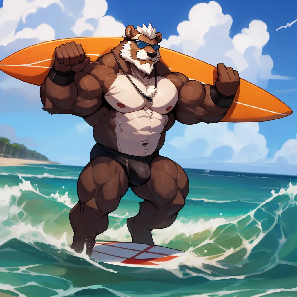 solo, 1boy, Huge Muscular Old Grizzly Bear wearing sunglasses, pectoral, huge pectoral, wide pectoral, short white hair, black competitive briefs short black wristbands and shirtless topless, bearded, Moustache, surf board, background, masterpiece, high detailed, 8k, high resolution, at the ocean, surfing the waves, riding the surfboard, gliding on the surfboard