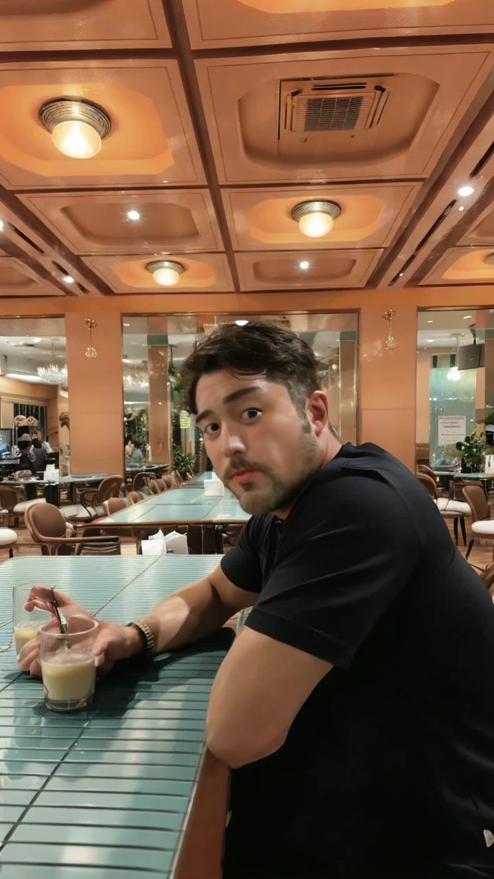 A burly man, very handsome, looks at you