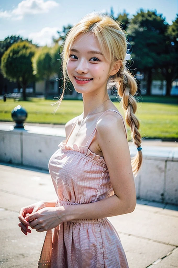 Best quality, masterpiece, ultra high res, (photorealistic), (smile),raw photo,1girl, skinny,solo, realistic, looking at viewer, bokeh background, outdoor, clouds,  blonde hair twin tail braided, jewelry, cowboy shot, sundress