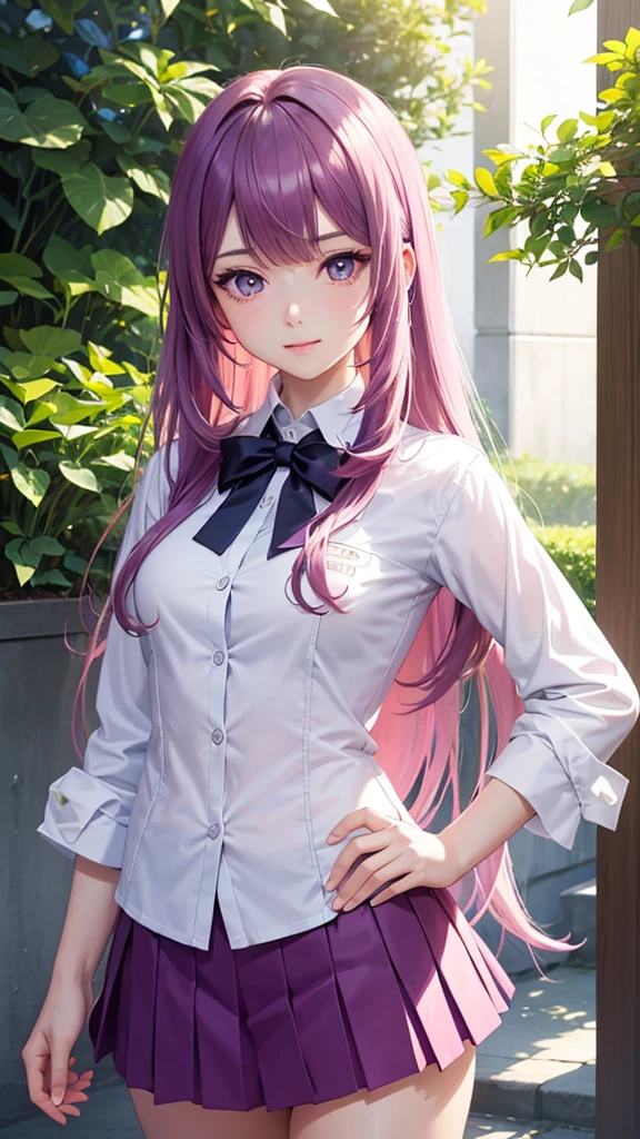 Anime girl taking a photo wearing a purple skirt and white shirt, Smooth anime CG art, Detailed digital anime art, Highly detailed art gems, Trending on cgstation, Kschaert Krentz Key Art Feminine, Ayaka Genshin Impact, Detailed Anime Character Art, Detailed Key Anime Art, artstation pixivでトレンド, Beautiful and detailed anime art