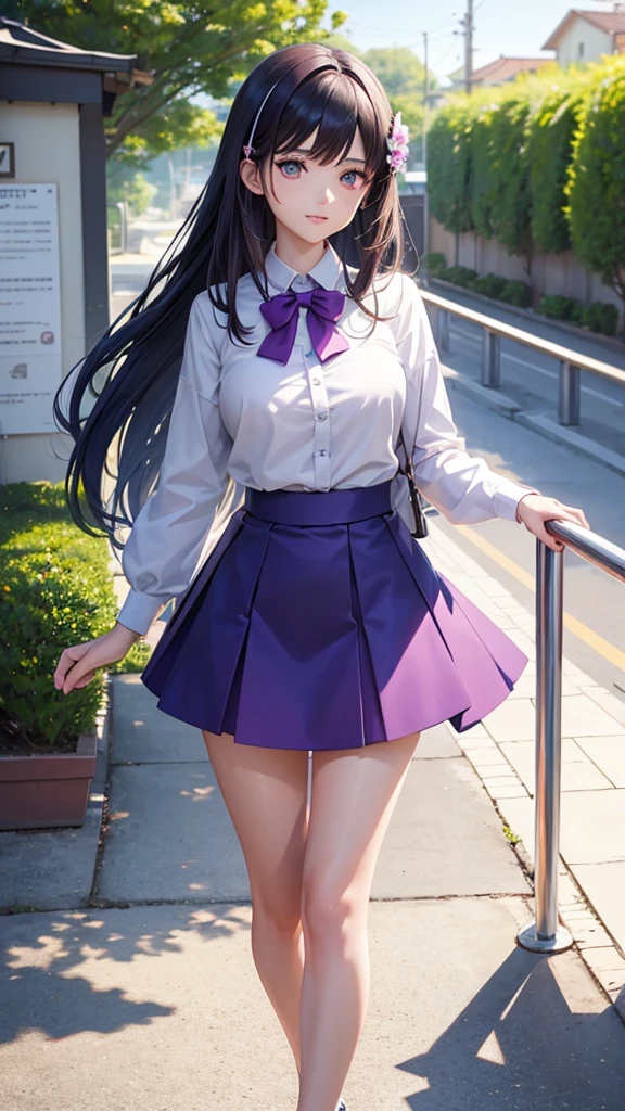 Anime girl taking a photo wearing a purple skirt and white shirt, Smooth anime CG art, Detailed digital anime art, Highly detailed art gems, Trending on cgstation, Kschaert Krentz Key Art Feminine, Ayaka Genshin Impact, Detailed Anime Character Art, Detailed Key Anime Art, artstation pixivでトレンド, Beautiful and detailed anime art
