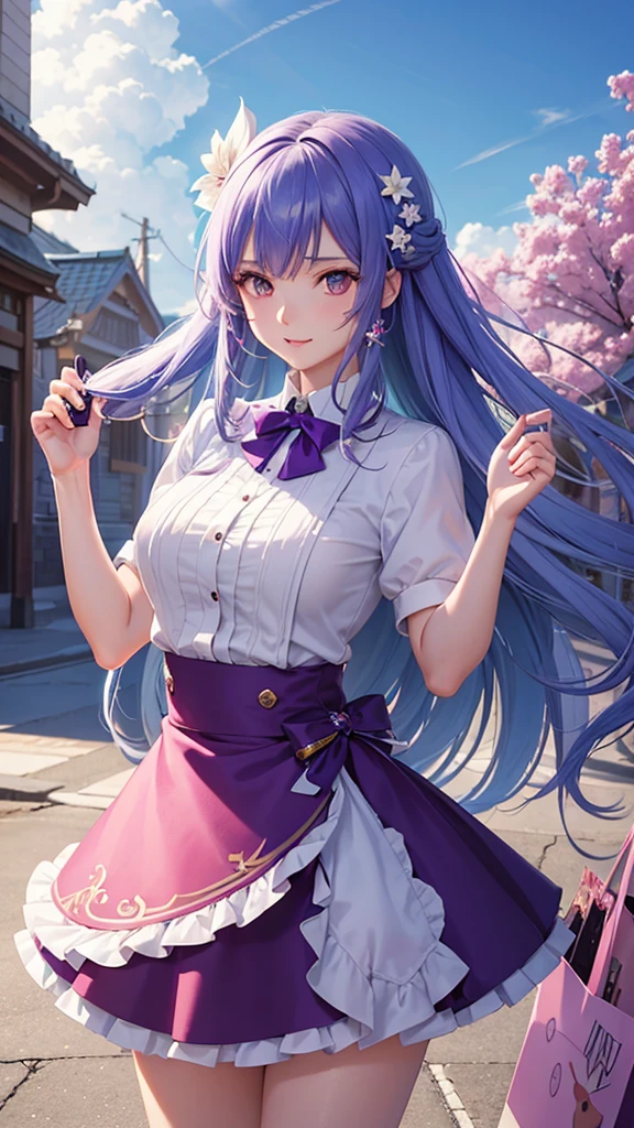 Anime girl taking a photo wearing a purple skirt and white shirt, Smooth anime CG art, Detailed digital anime art, Highly detailed art gems, Trending on cgstation, Kschaert Krentz Key Art Feminine, Ayaka Genshin Impact, Detailed Anime Character Art, Detailed Key Anime Art, artstation pixivでトレンド, Beautiful and detailed anime art