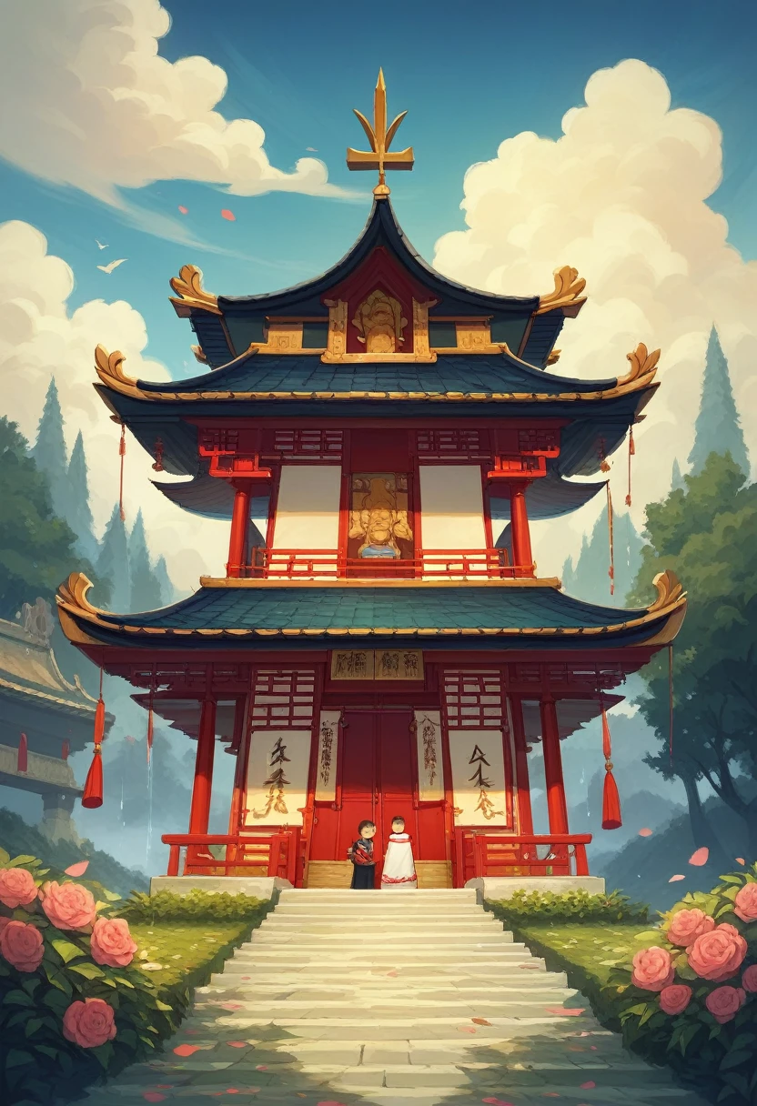 tmasterpiece，A high resolution，Complex scenes，detailed face with，CG animation，Chinese mythology and story Qixi Festival，wonderland，bru，（Boys and girls hugging each other on the bridge），illustration，Crane，Clouds，In the midst of a downpour, Zhan gallantly carries Lisa in his arms as they approach the ancient Chinese temple. Both adorned in traditional attire, their determination shines through the rain-soaked fabric, symbolizing their journey's resilience against adversity.