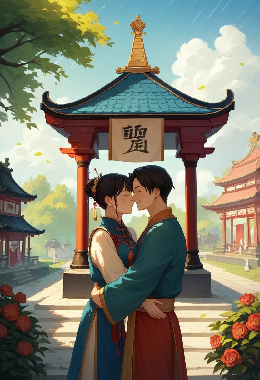 tmasterpiece，A high resolution，Complex scenes，detailed face with，CG animation，Chinese mythology and story Qixi Festival，wonderland，bru，（Boys and girls hugging each other on the bridge），illustration，Crane，Clouds，In the midst of a downpour, Zhan gallantly carries Lisa in his arms as they approach the ancient Chinese temple. Both adorned in traditional attire, their determination shines through the rain-soaked fabric, symbolizing their journey's resilience against adversity.