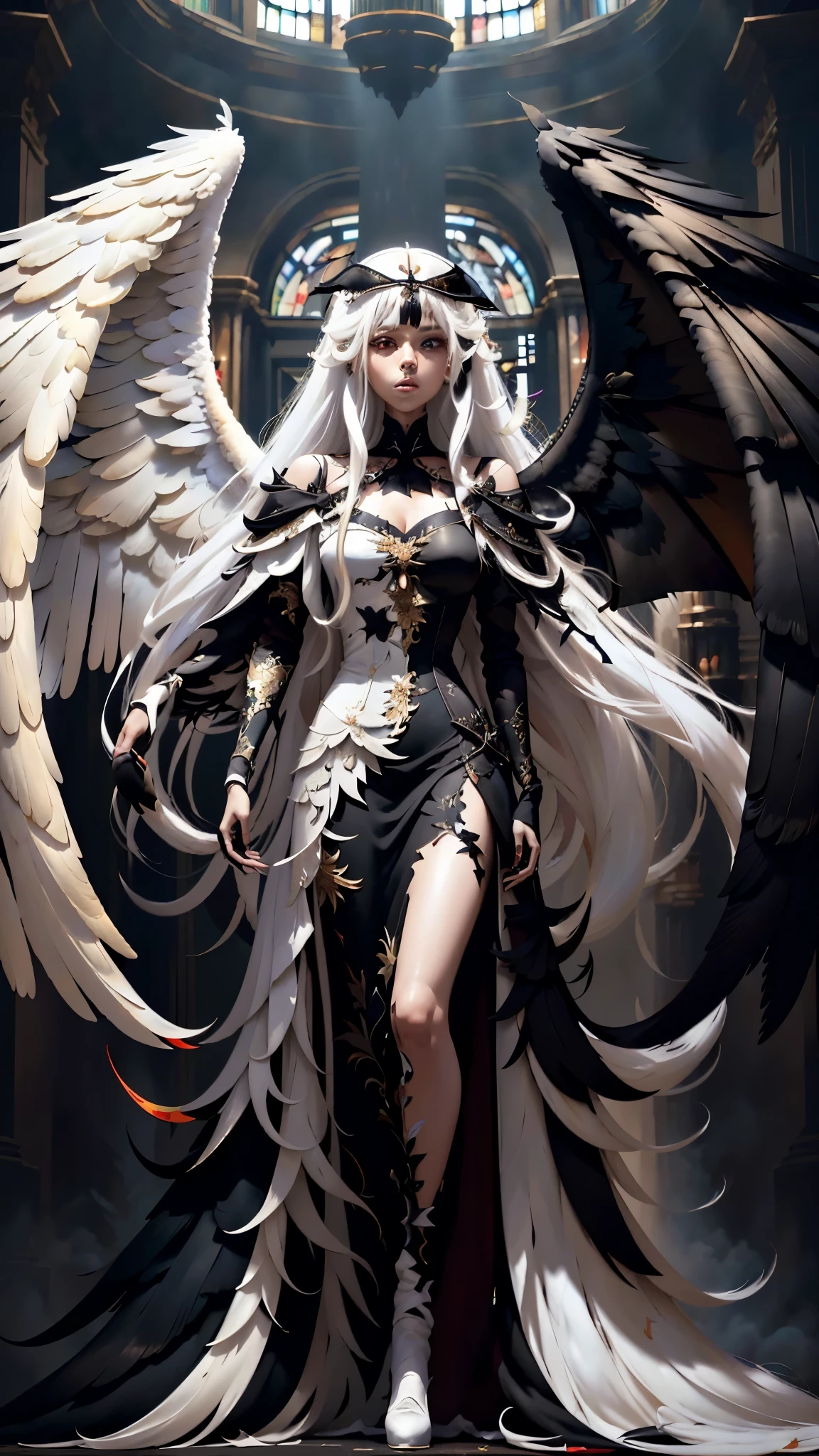 (master-piece:1.3),(bestquality:1.2),10,Absurd,Unity wallpaper 10,(Very detailed:1.3),highest, (1 woman,beautiful), ((Separate theme,Merge)), (Long straight hair,long and beautiful), Heterochromia, (White Hair,Black Hair), (angel,Demons), (White wings,black wings)