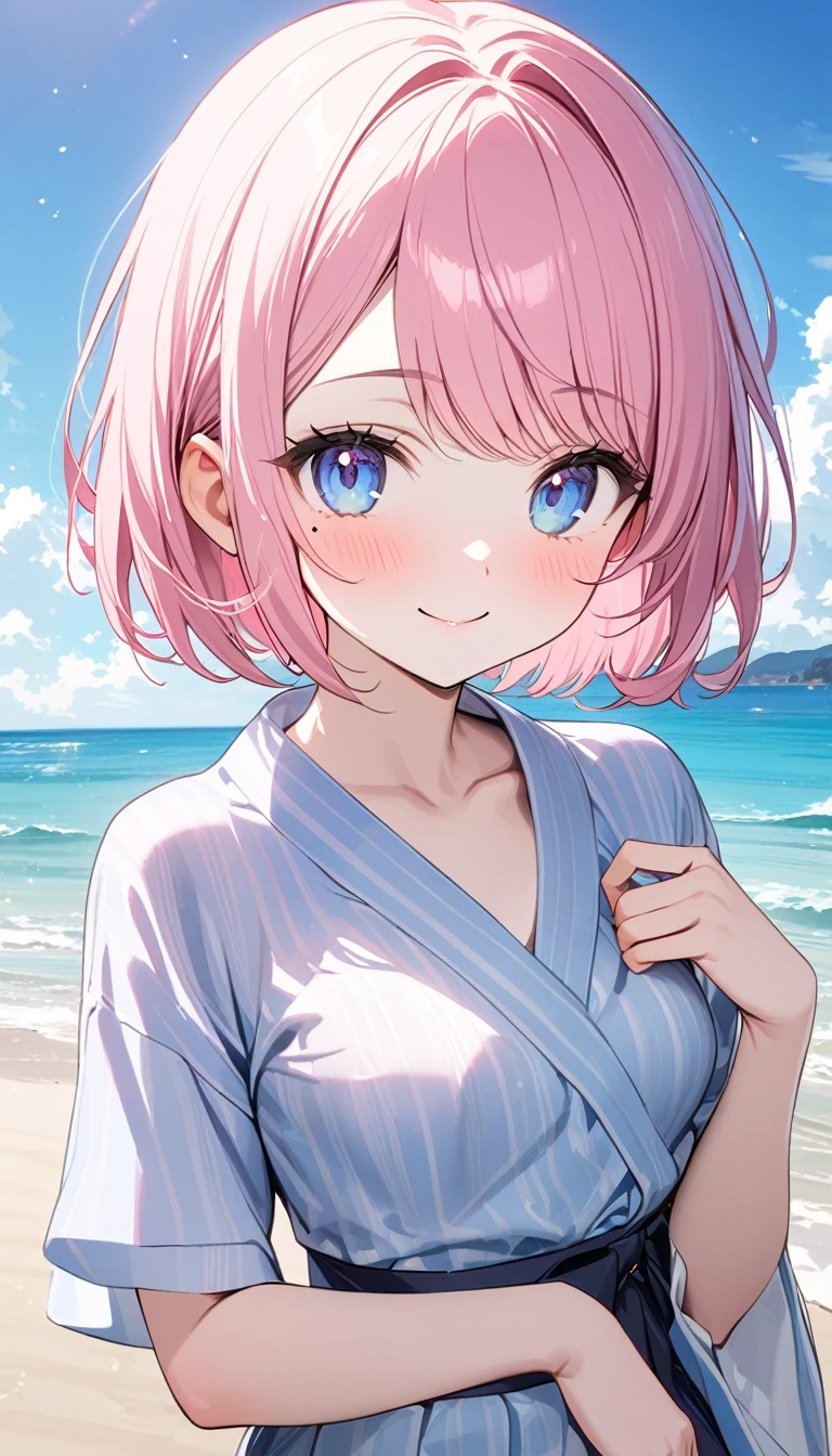 (1 girl),(Best Picture Quality, 8K, Masterpiece:1.3), (high school student:1.5), ((pink lob hair:1.1)), (bob cut),(swept bangs), (cute eyes, pupil black, iris skyblue, youthful face), (mole under right eye), (standard weight), (small breasts), (glistening skin:1.1),(pale skin:1.2),(yukata),(seaside),((Nymphet fashion)),((summer scene:1.2)),(magnificent view),(overlooking),(Smile).