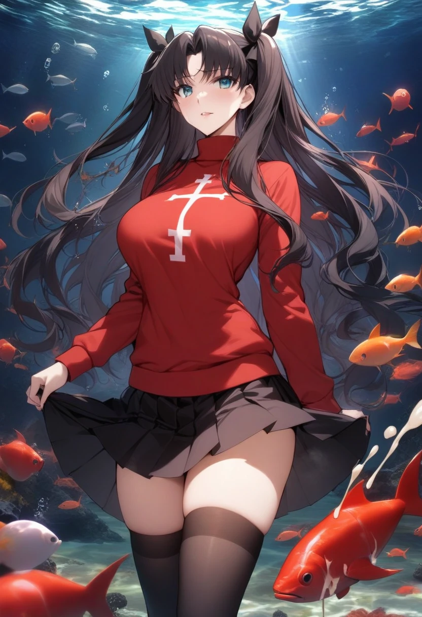 masterpiece, best quality, very aesthetic, absurdres, 1girl, mature_lady, ,,tohsaka_rin, fate/stay_night, fate_(series), 1girl, aqua_eyes, black_hair, two_side_up, long_hair,black hair_ribbon,  cross_print,red_sweater,turtleneck_sweater, black_skirt,  miniskirt, pleated_skirt, black_thighhighs,zettai_ryouiki,,,under sea,floating_clothes,(cum_on_body:1.3)
