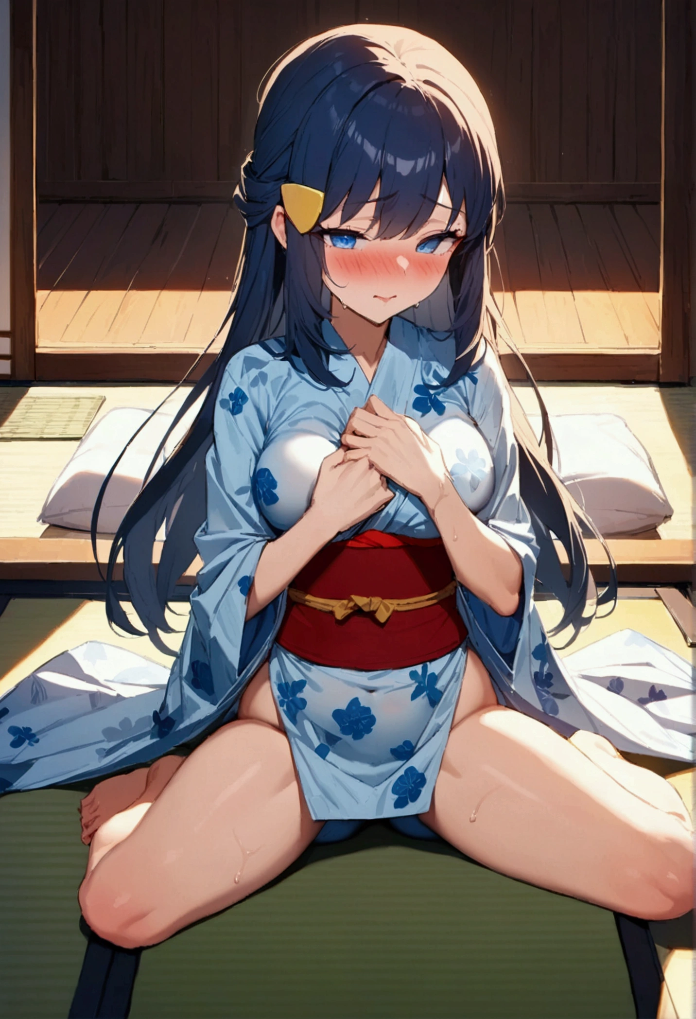 NSFW,masterpiece,Highest quality,High resolution,Super detailed,dawn_\(pokemon\),blue eyes, Blue Hair, Long Hair, Side Lock, Hair Clip,High-quality yukata,Embarrassed,blush,sake,Intoxication,Drunk,Inn at night,Japanese-style room,tatami,futon,(Middle-aged men),A man puts his hands on her waist and hugs her,Sitting,A man rubs his chest,Body touch,sexual harassment