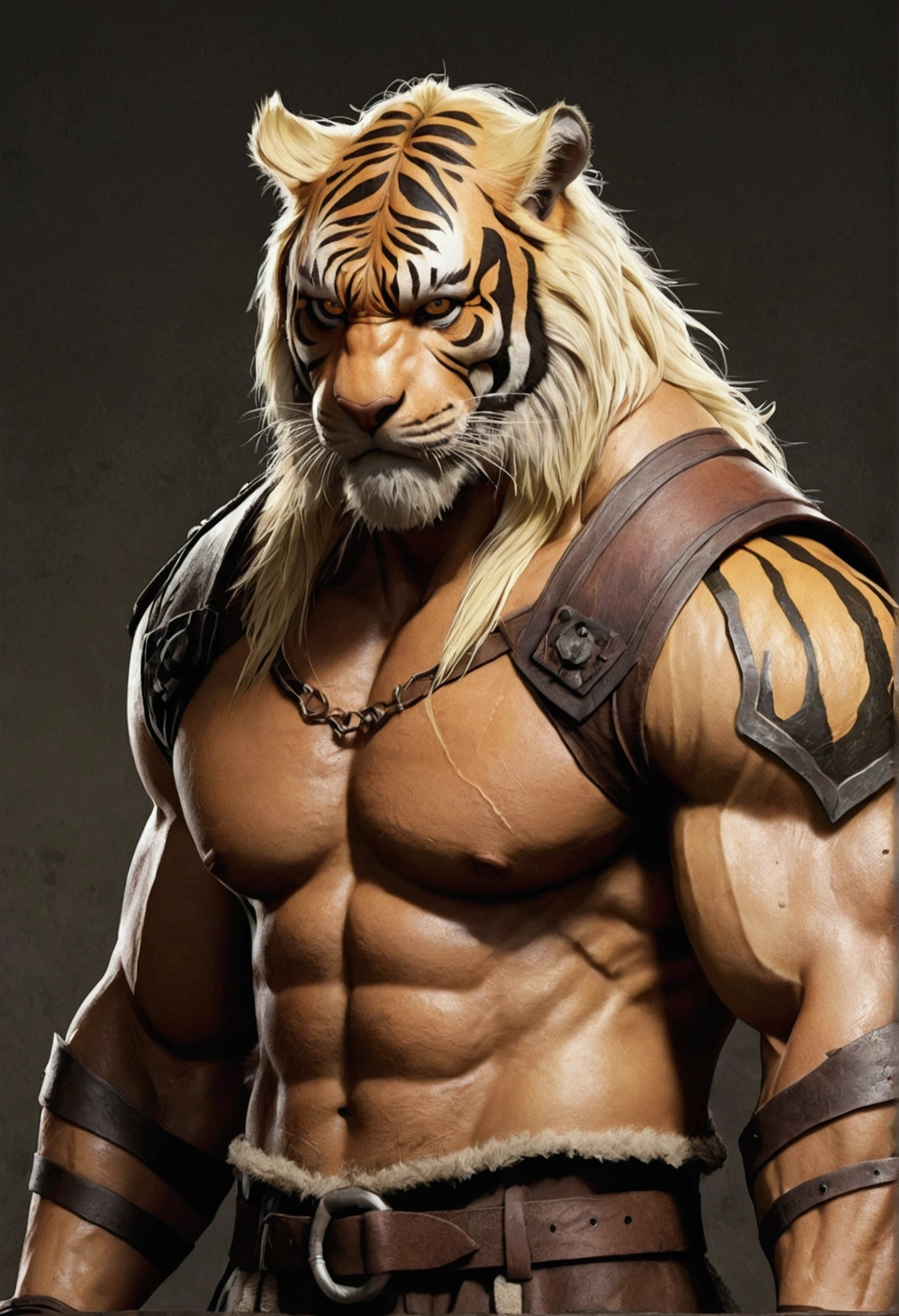 Blonde hair,Brown tiger stripes,Wear casual clothes, sad, ((sad:1.4)) , Tears, Blank Background , Warm colors,Orcs,tiger,muscle,hairy,youth