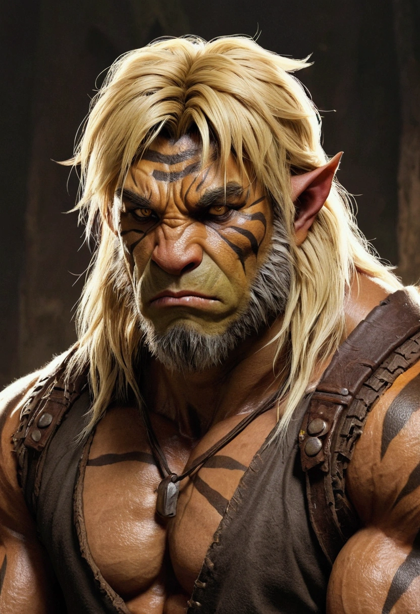 Blonde hair，Brown tiger stripes，Wear casual clothes, sad, ((sad:1.4)) , Tears, Blank Background , Warm colors，Orcs，tiger，muscle，hairy，youth