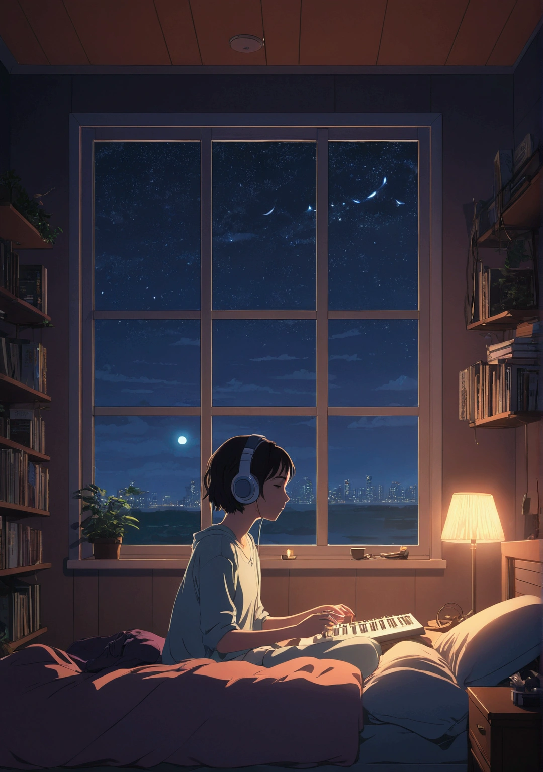 night、Girl listening to music in a cozy room, Using headphones, 2D-style animation, Lo-Fi, hard disk, Dark Environment　In the style of Makoto Shinkai