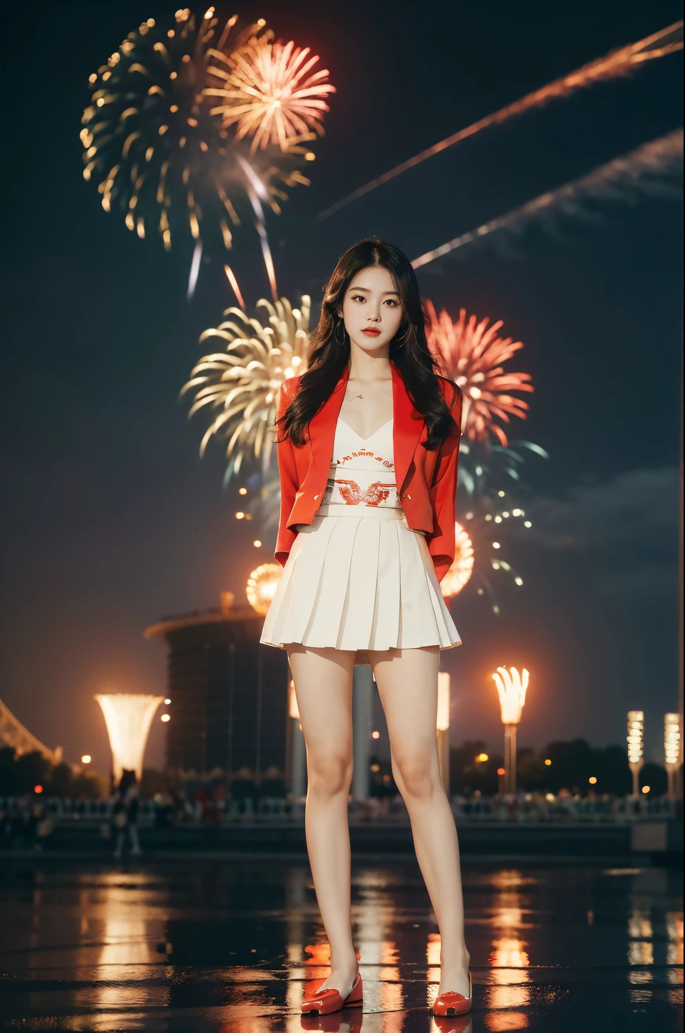 (((best quality))),(((ultra detailed))),(((masterpiece))),illustration, ((Olympic Opening Ceremony,in Paris,summer night,magnificent National stadium of France,Olympic flame, fireworks)),(crowded crowds of enthusiastic spectators:1.3),((a beautiful Chinese girl,solo)),((shoulder length straight hair:1.2)),((slim,thin)),((small breasts,flat chest)),(red blazer:1.5),(yellow dress:1.2),(slender legs:1.2),(loafers:1.2),excited expression, awe, celebrating, electric atmosphere, sense of pride, excitement, playing field, crowd energy, unity, camaraderie, representing China, historic event, memorable moment,((standing:1.2),(arms behind back:1.3),((from front,full body))