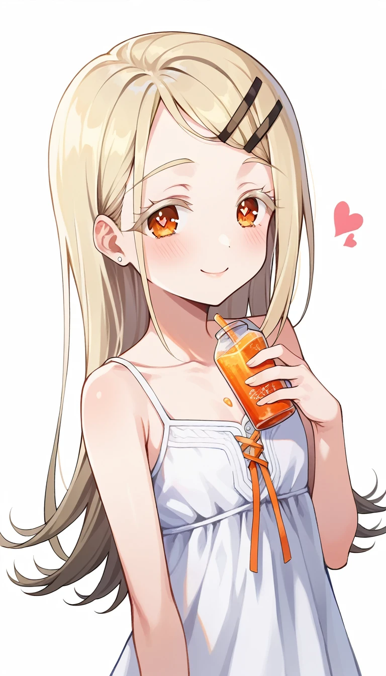 16K,score_9, score_8_superior, score_7_superior, sauce_anime, evaluation_Safety,ssuperiorer detailed , One girl, Hiro Default,shinosawa hiro,thin,Orange eyes,White eyelashes,Blonde,Long Hair,Hair Clip,White camisole dress , (Heart Eyes),(Hearts in eyes),Voice of the Heart,very cute,blush,Dutch Angle,Flat Chest, smile,blush,Beautiful Face,Beautiful Eyes,Details,White Background ,