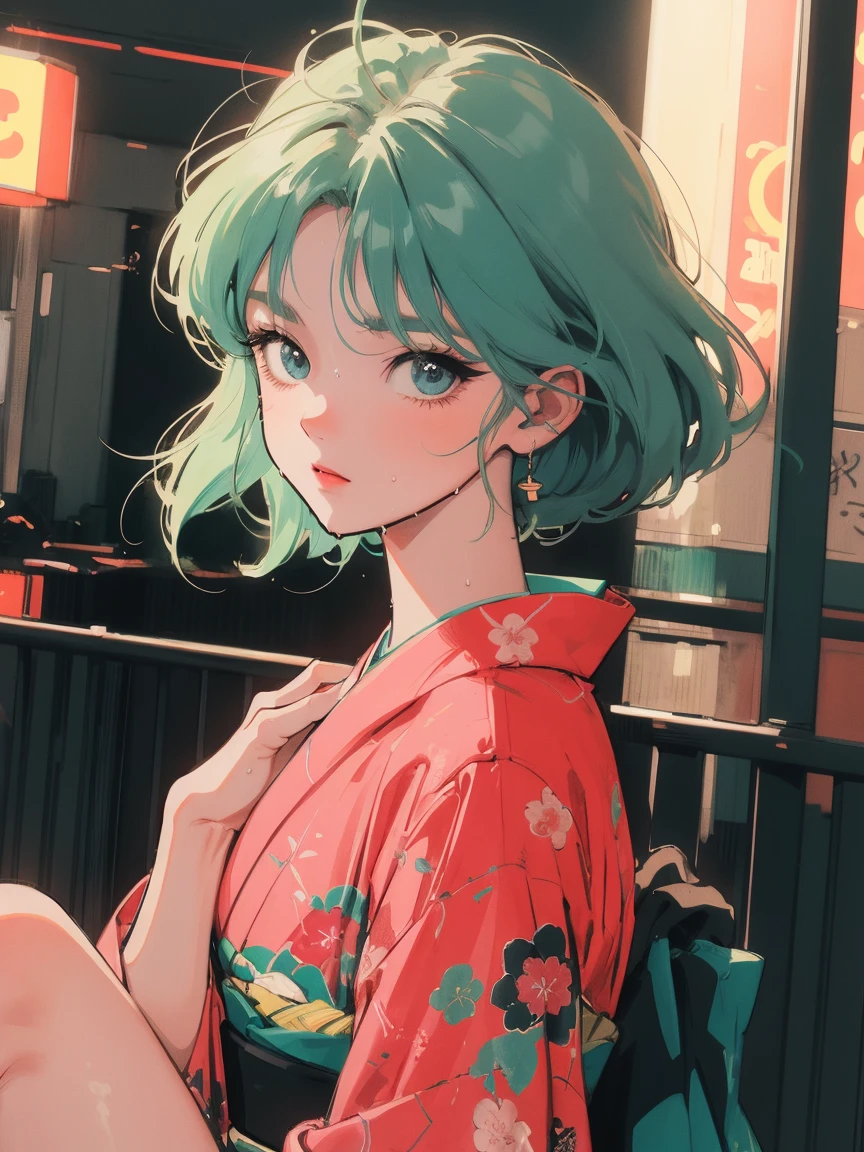 anime girl sitting on floor looking, anime aesthetic, anime vibes, Lofi Artstyle, Lo-fi portrait. anime, Lofty Girl, anime art wallpaper 4 k, anime art wallpaper 4k, anime art wallpaper 8 k, anime background art, Lofi Color, Lofi Art, anime asthetic, kimono, kimono, Tokyo scenery, In the city, Wet day, Outside, Cloudy, Neon City, Whole body shot, Green Hair, night, night中, boyish, Short Hair