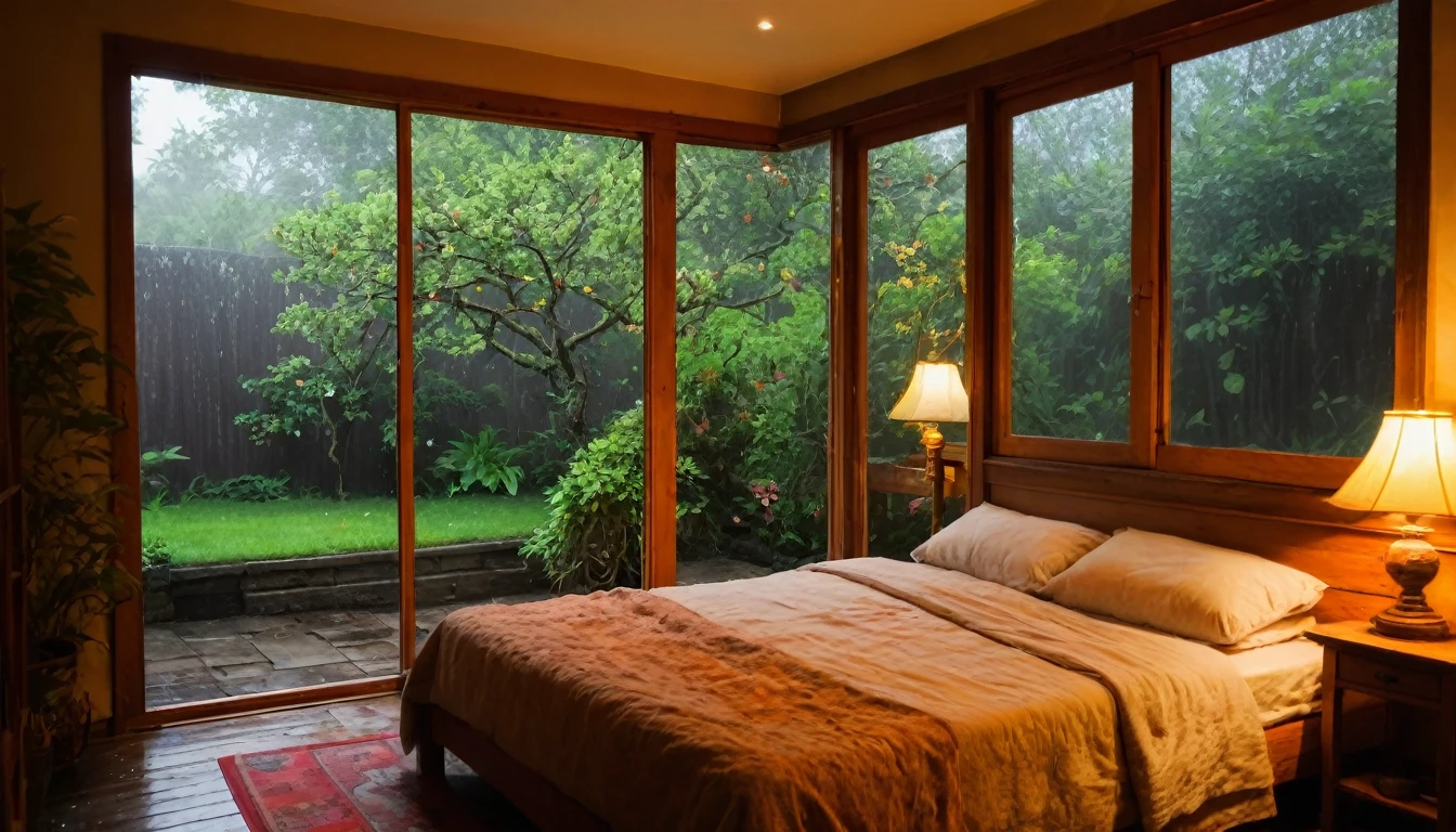 The picture shows a cozy gloomy bedroom, with a large window offering a view of a beautiful, dimly lit garden AND a garden soaked in FLOWERS, the cobblestones of the Japanese house concept. CINEMATIC, JAPANESE HOUSE, the shape of a Japanese house, and lots of flower gardens in the garden. The bed was unmade with rumpled sheets, indicating only a light sleep. the room is dark, gloomy, looks dim, gloomy. Beside the bed there is a small table with a classic lamp that radiates warm light into the room. Outside the window you can see the lush greenery of the terrace or balcony area, the rain is falling, the lamp on the left provides warm lighting, creating a calm and peaceful atmosphere. with fog obscuring part of the view in the distance. The contrast between the warmth indoors and the rain outdoors creates an inviting and calming atmosphere