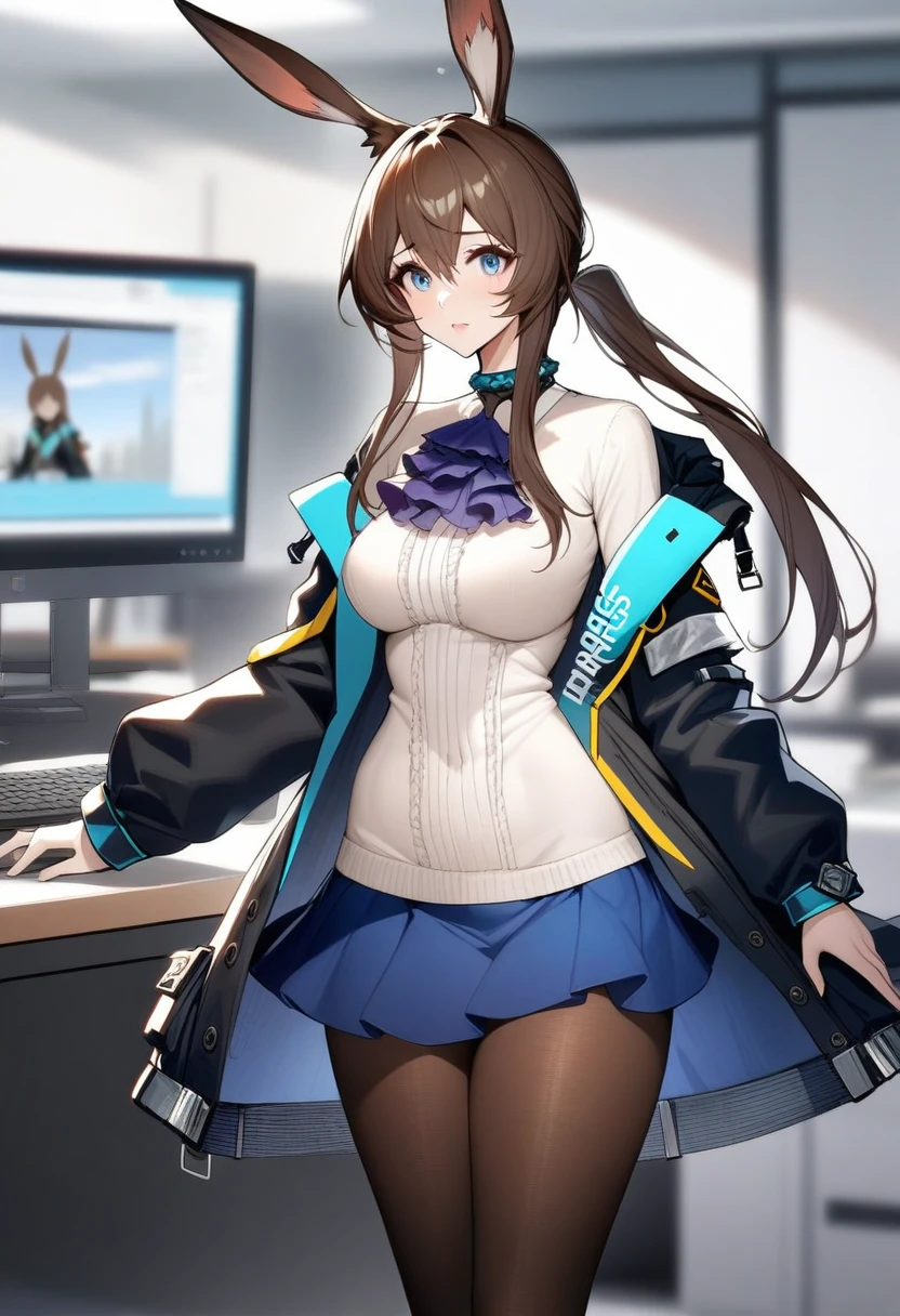 masterpiece, best quality, very aesthetic, absurdres, 1girl, mature_lady, ,,amiya_(arknights), animal ears, rabbit ears, blue eyes, brown hair, tight medium hair, half-up, long ponytail, black jacket, blue skirt, blue ascot, white dress shirt, fly front, tights,,in office,,blur background,background defocus,covered_pussy