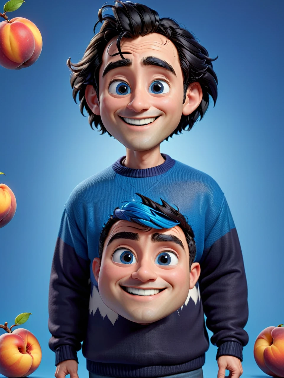 Disney pixar style 3D caricature with big head. A man with long messy black hair, thick straight black eyebrows, cheerful dark black eyes. He has a medium sized proportional nose, giving off a friendly and happy impression. wearing a blue sweater. Young peaches background. The skin and facial textures are very detailed. Disney 3D pixar style, 3D rendering, ultra realistic, UHD, best quality, colorful art, 8K
