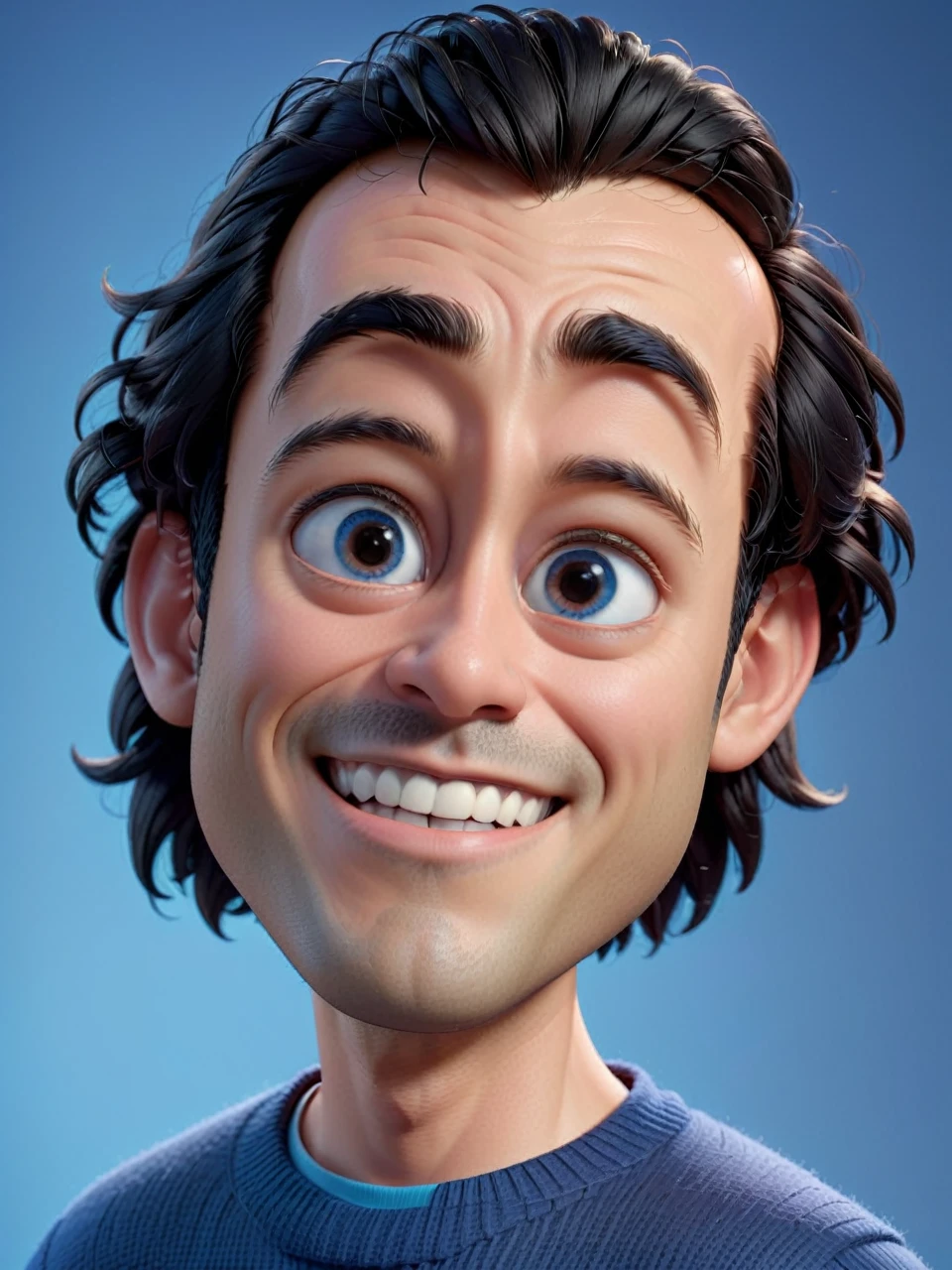 Disney pixar style 3D caricature with big head. A man with long messy black hair, thick straight black eyebrows, cheerful dark black eyes. He has a medium sized proportional nose, giving off a friendly and happy impression. wearing a blue sweater. Young peaches background. The skin and facial textures are very detailed. Disney 3D pixar style, 3D rendering, ultra realistic, UHD, best quality, colorful art, 8K