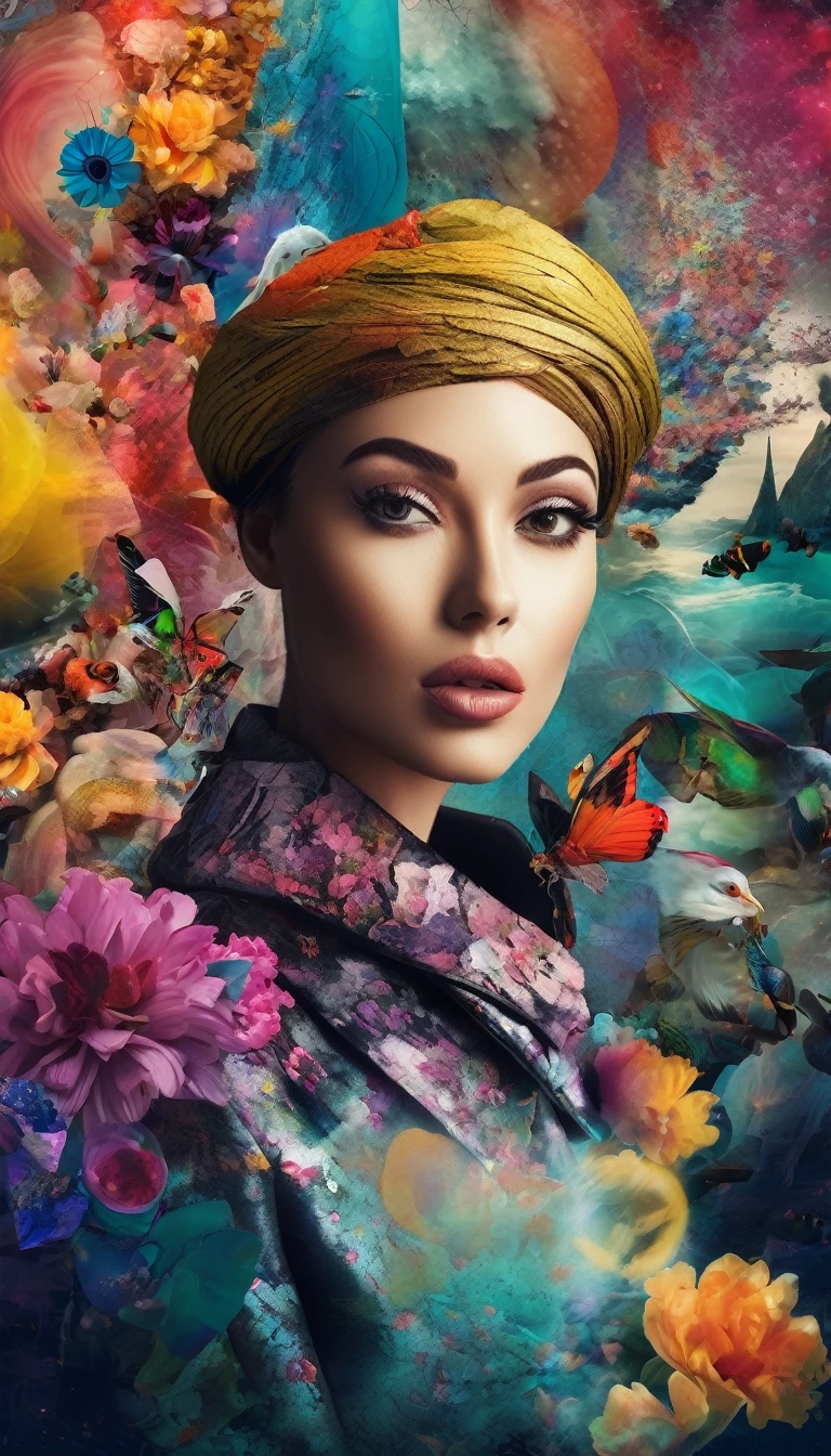 a collage art portrait, digital collage, surreal, abstract, vivid colors, layered textures, mixed media, photographic elements, colorful, creative, imaginative, dreamlike, whimsical, striking composition, visually striking, atmospheric, moody, (best quality,4k,8k,highres,masterpiece:1.2),ultra-detailed,(realistic,photorealistic,photo-realistic:1.37)