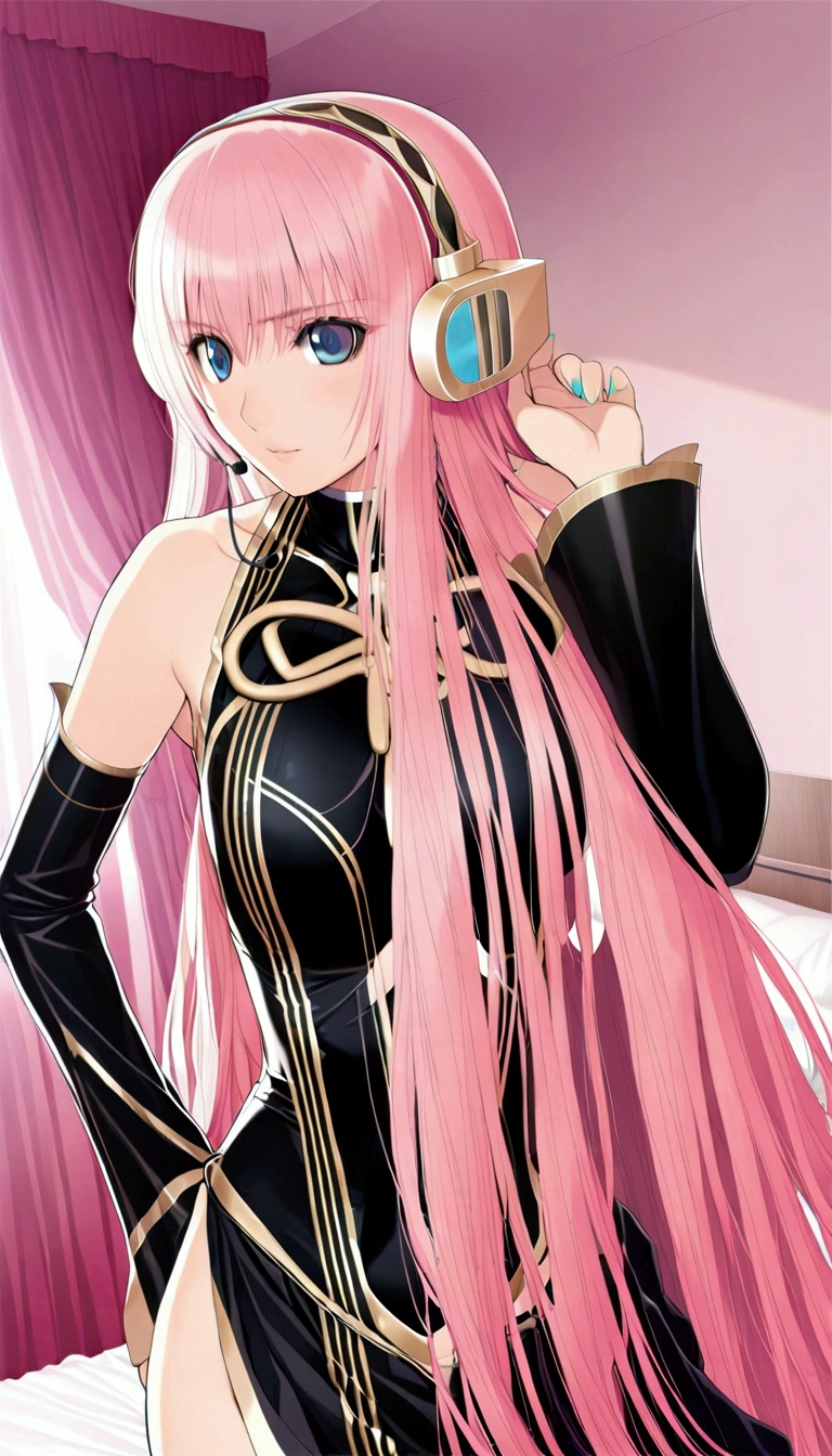 Erotic:1.1,Detailed and beautiful depiction 1.3,Official Art,Beautiful adult woman ,Megurine Luka in official costume,Pink long hair,blue eyes,Black and gold costume,headphone,Bedroom