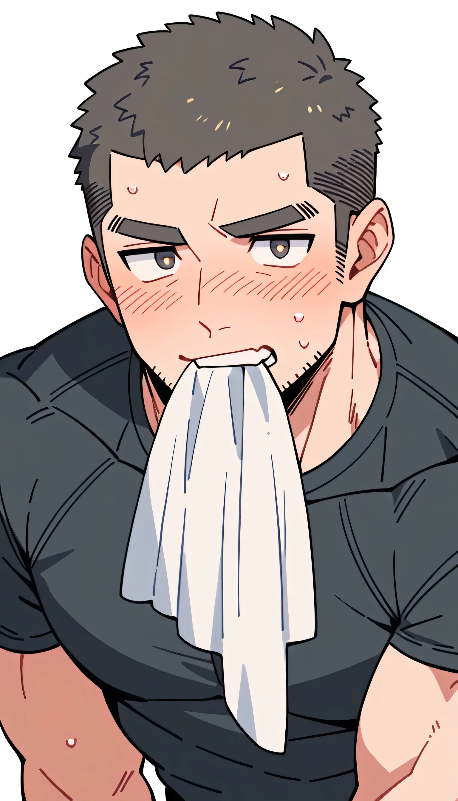 anime characters:Priapus, Muscle Sports Student, Buzz Cut, Manliness, male focus, Dark black tight T-shirt, Very tight, Sweat soaks clothes, full and perky chest muscles, muscular male, muscular, only, Upper body, Perfect muscular waist, alone, Black short hair, Thick eyebrows, stubble, Brown-red pupils, White background, simple background, amazing quality, best aesthetics, Ridiculous, crew cut, blush, mouth hold, Biting a white cotton towel in the mouth, embarrassed, shy, endured face, negative space, best quality