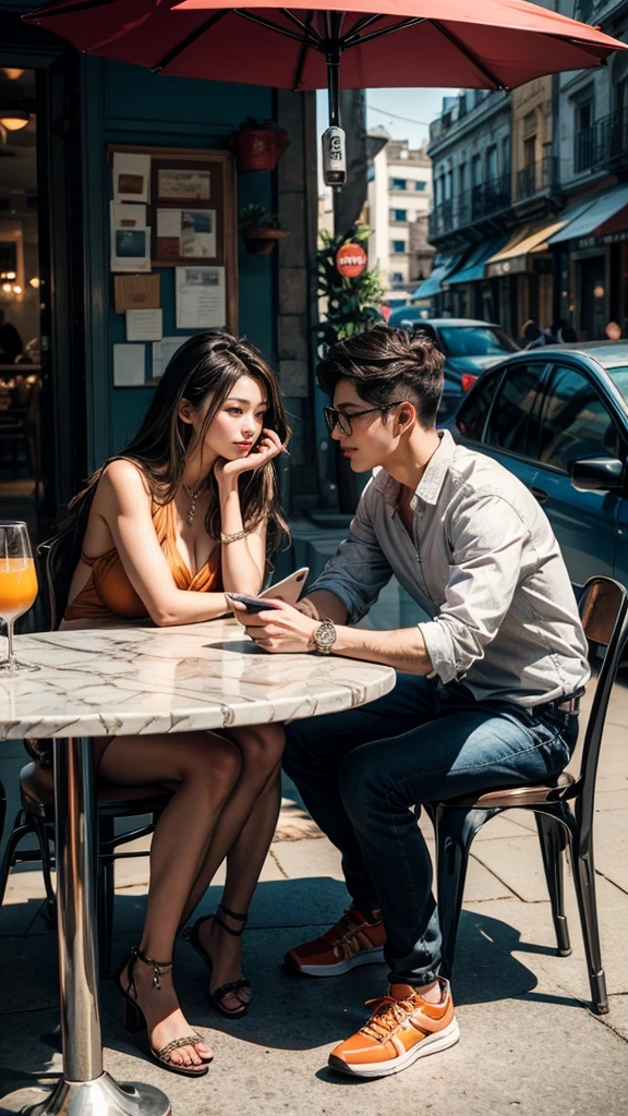 best quality, masterpiece, 8K, HD, gorgeous korean couple sitting in outdoor cafe, across each other, wearing casual clothes, the woman is texting on her phone, the man looks directly at her, they are flirting with each other, angel cosplayer in the background, a cup of coffee, a glass of orange juice, vibrant colors, side view, zoomed out, full body, fill frame, intricate details, perfection