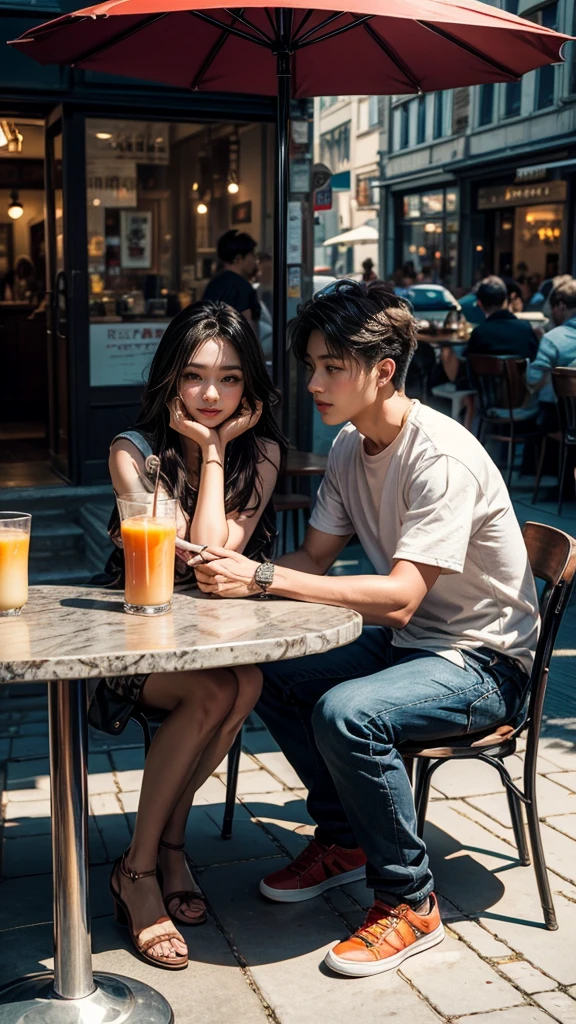 best quality, masterpiece, 8K, HD, gorgeous korean couple sitting in outdoor cafe, across each other, wearing casual clothes, the woman is texting on her phone, the man looks directly at her, they are flirting with each other, angel cosplayer in the background, a cup of coffee, a glass of orange juice, vibrant colors, side view, zoomed out, full body, fill frame, intricate details, perfection