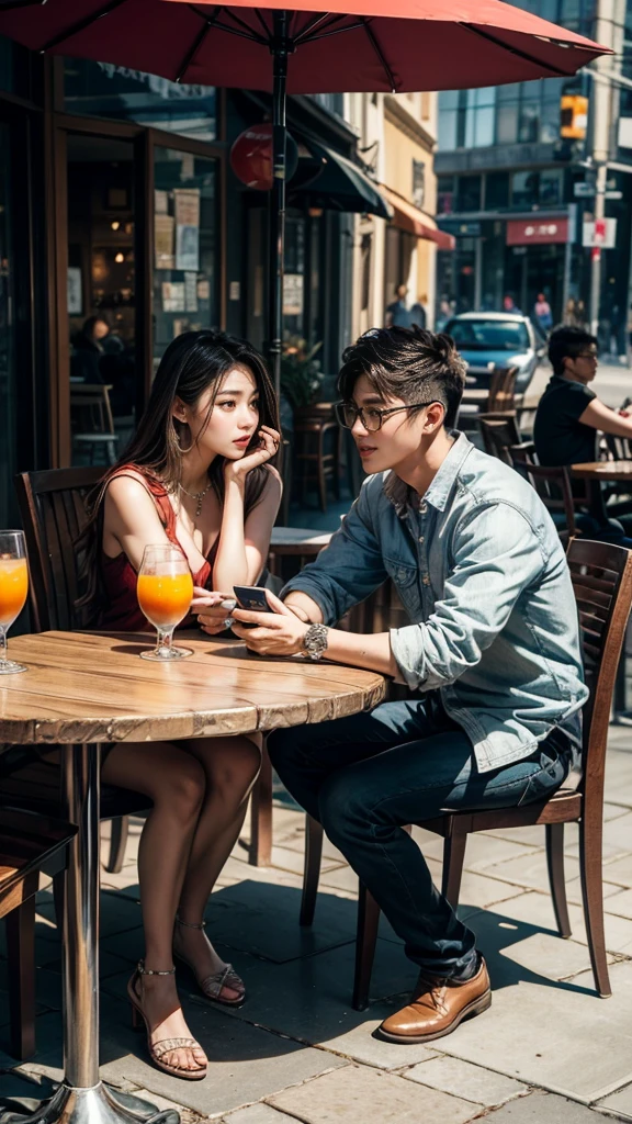 best quality, masterpiece, 8K, HD, gorgeous korean couple sitting in outdoor cafe, across each other, wearing casual clothes, the woman is texting on her phone, the man looks directly at her, they are flirting with each other, angel cosplayer in the background, a cup of coffee, a glass of orange juice, vibrant colors, side view, zoomed out, full body, fill frame, intricate details, perfection