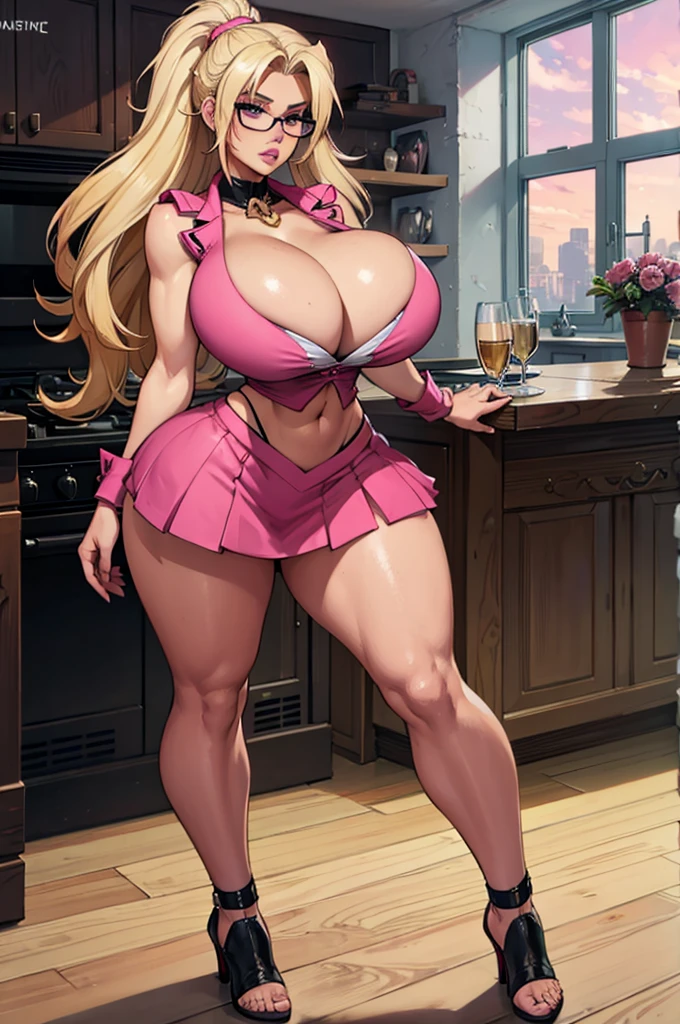 Blonde hair, woman, glasses, thick pink lips, showing no emotion.home, alone,
full body, high heels, cleavage, miniskirt, soldier posture,sleeveless shirt, showing the belly.