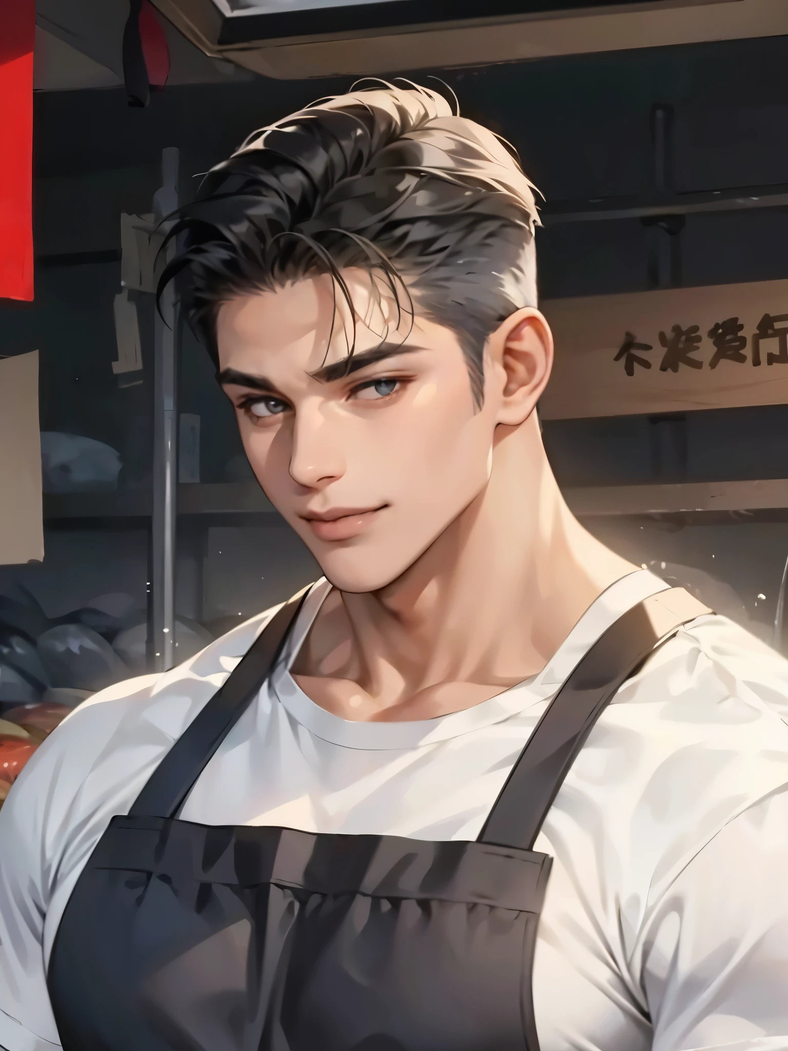 men wear dark gray shining apron over white T-shirt, muscular and handsome,fish market,smile