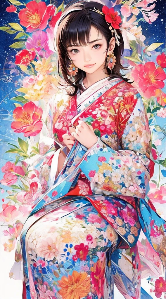 cute、Perfect Anatomy、Picturesque、sketch、texture、solo、Very detailed、(Fractal Art:1.1)、(Gentle colors:1.1)、(Floral:1.6)、Most detailed、(Zentangle:1.2)、(Dynamic pose)、(Abstract background:1.3)、(Glowing Skin)、(Many colors:0.8)、、(Earrings:1.4)、(feather:0.9)、Taisho romance,(masterpiece、highest quality、highest quality、Official Art、Beautiful and aesthetic:1.2)、