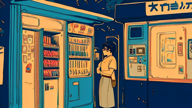 City Pop、Late Night、vending machine、Adult male、wear glasses、designer、Emotional