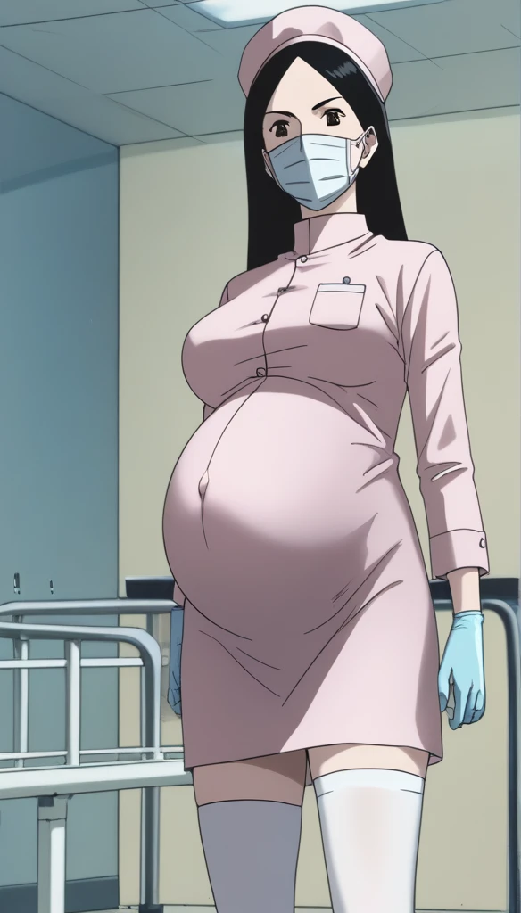 score_9,  score_8_up, score_7_up, source_anime, raw image, masterpiece, highest quality, kasuganoray, pale skin, fierce eyes, long black hair, big breasts, scrubs, surgical mask, bouffant cap, long sleeve maternity dress, put on another long sleeved coat, seamless, navel head, the dress isn't wrinkled, long white stockings,
1girl, pregnant, solo, long rubber gloves, looking down, look at viewer, furrowed brow, hospital bed, light shines from the ceiling, standing, patient room background, she is inquiring about the patient's condition